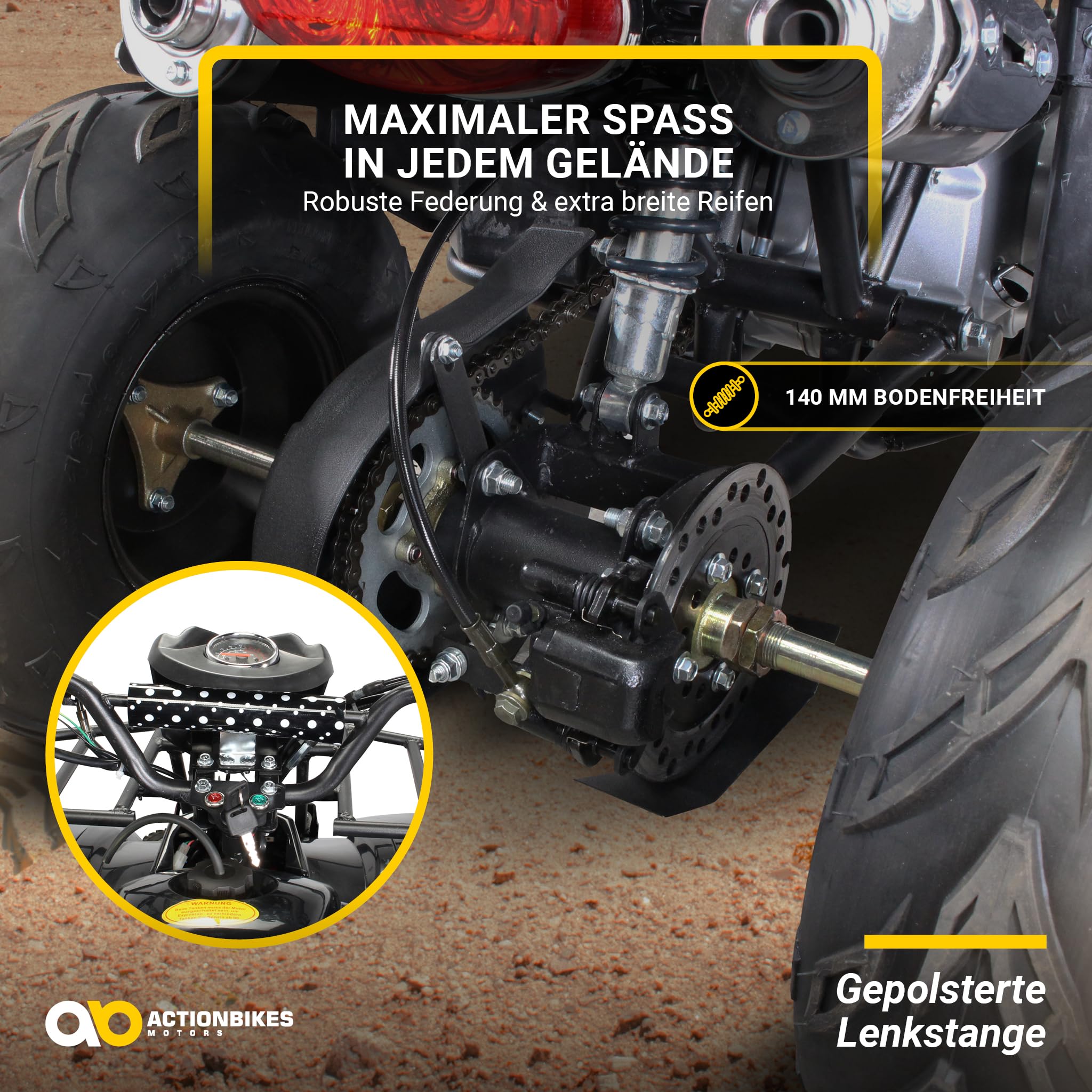 Actionbikes Motors Quad ATV S-8 Farmer 125 cc | 4-Takt 125ccm Motor bis 𝟓𝟎 km/h - Pocket Quad - Miniquad - Benzinquad - Benzin Quads - Fahrzeug für Jugendliche (Schwarz)