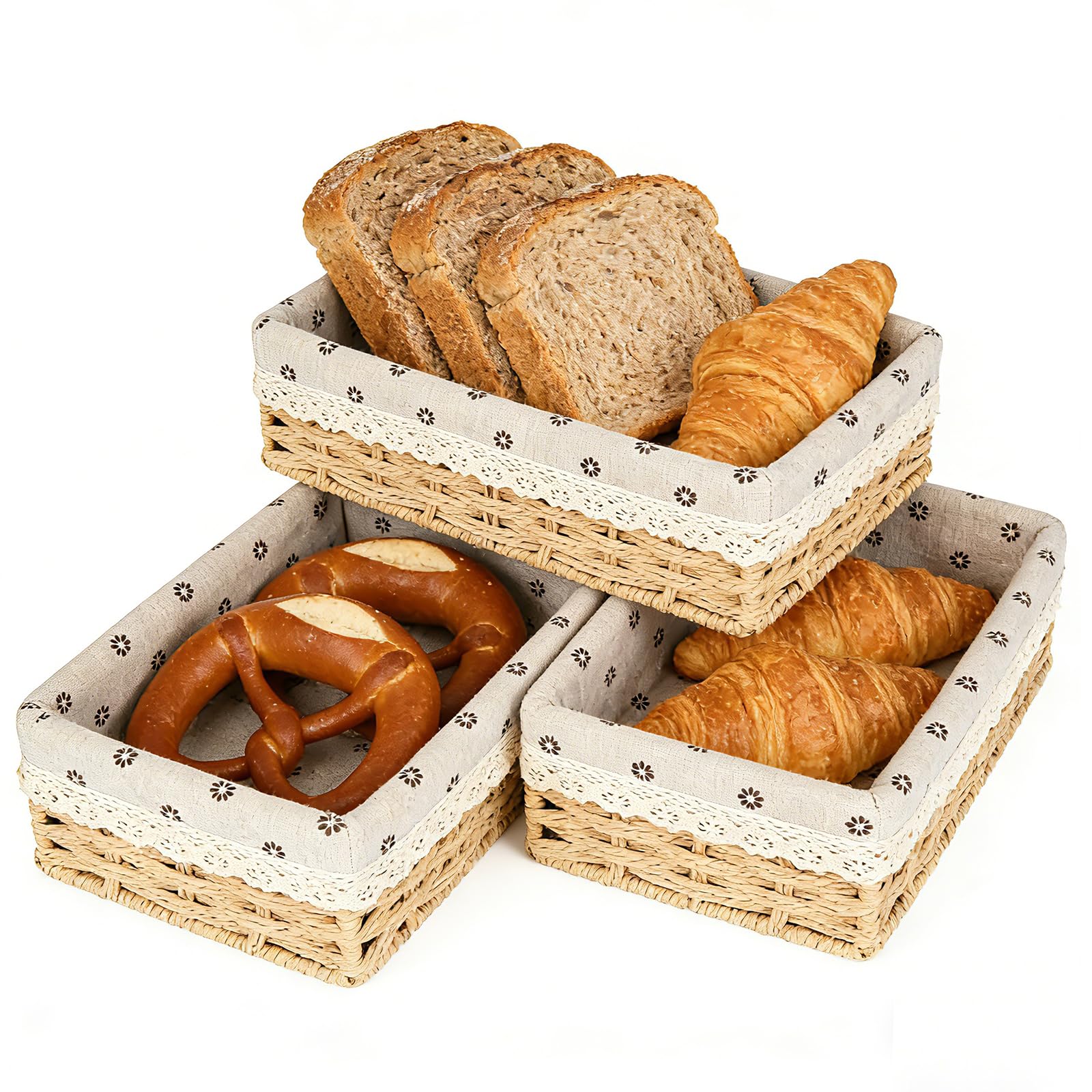 Set di 3 cestini per il pane grandi (35,31,27 cm) rettangolari in erba di mare, cestino intrecciato con inserto in cotone, cestino portaoggetti in robusto supporto in metallo, cestino per il pane