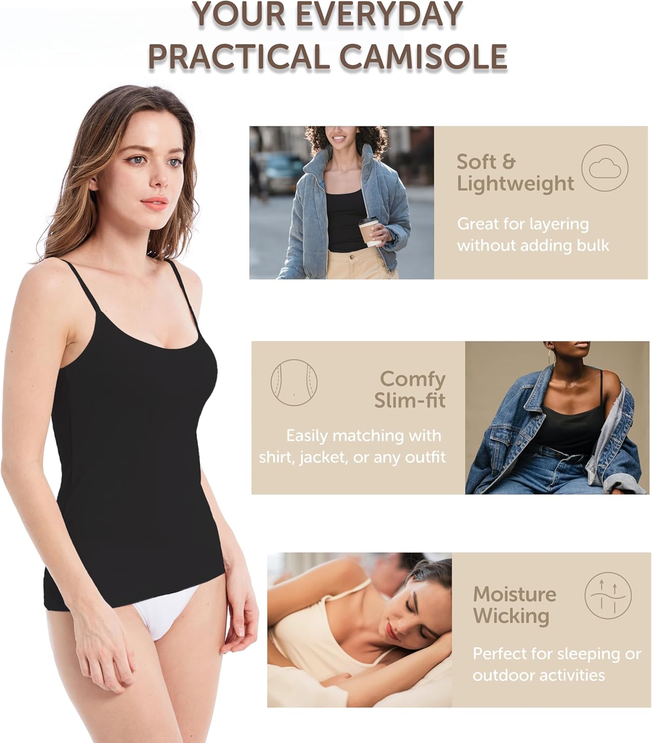 Comfneat Women's 4-Pack Slim-Fit Camisoles Cotton Adjustable Spaghetti Strap Top Underwear - Image 3