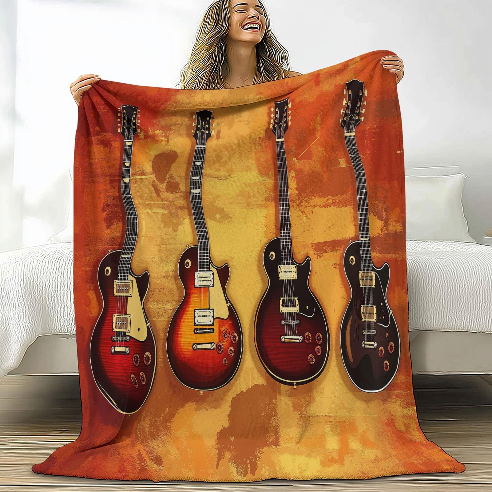 Generico Pomarańczowy kolor flanelowy koc z polaru do gitary elektrycznej abstrakcyjny miękki lekki koc 180 x 200 cm - nadaje się do łóżka kanapy kempingowej podróży leżak
