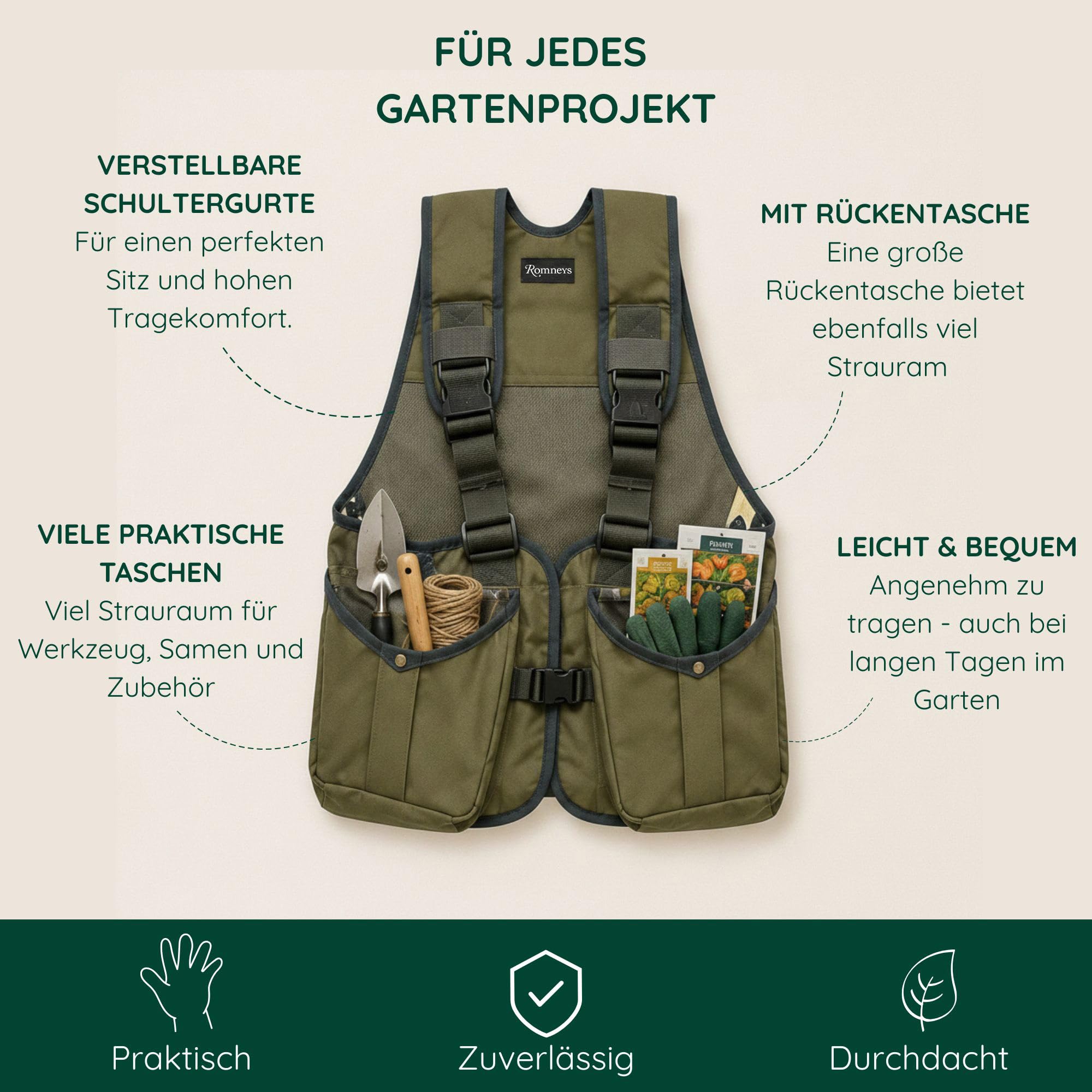 Romneys Gartenweste mit großen Taschen – Robuste Arbeitsweste für Gartenarbeit – Multifunktionsweste mit Rückentasche für Werkzeug & Zubehör – Damen & Herren (L)