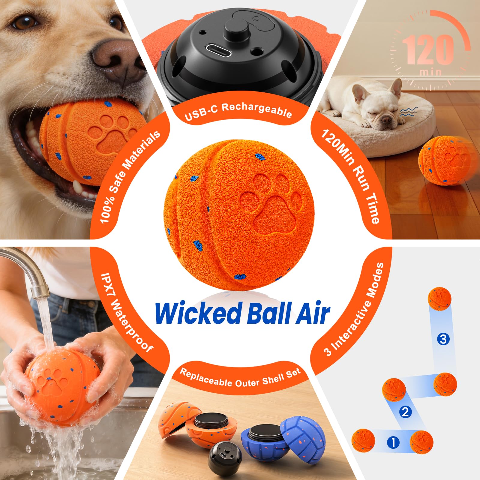 Jouet interactif intelligent pour chien pour les garder occupés, mouvement automatique, matériau E-TPU, 3 modes interactifs, étanchéité IPX7, rechargeable par USB, balle de roulement active pour chiot
