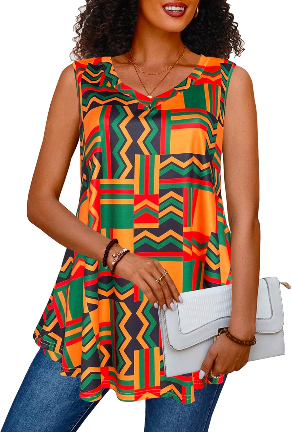 Afibi Summer Tops for Women Sleeveless V Neck Tshirt Loose Fit African Dashiki Tank Tunic Blouse - Image 2
