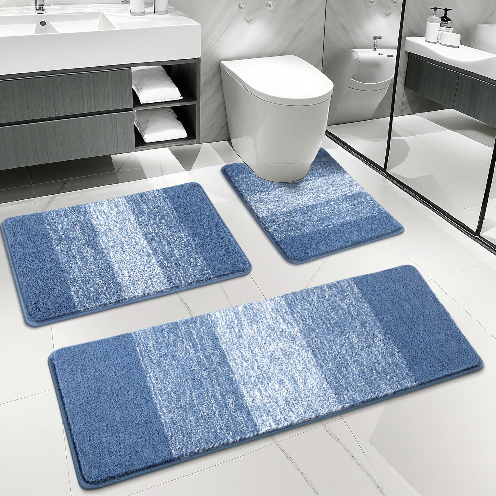 Enyhom Bathroom Mat Sets 3 Piece, Microfibre Shaggy Blue Bath Mat Set, Super Absorbent Bath Rug with U-Shaped Toilet Rug, Non Slip Washable Pedestal Mats for Toilet Soft Thick Bathroom Carpet Set — image 1