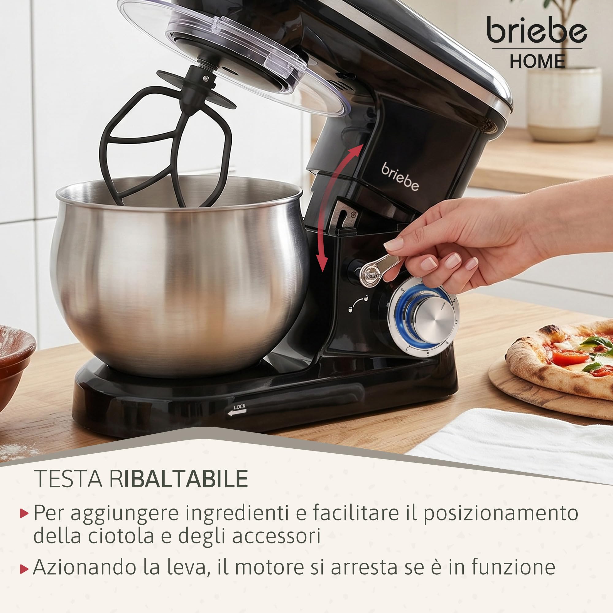 briebe Impastatrice Planetaria Professionale per Pasticceria 1800W MAX Robot da Cucina Orbitale, Frusta, Ciotola 5 L, 6 Velocità + Funzione Pulse, Schermo Touch LED, KM1164