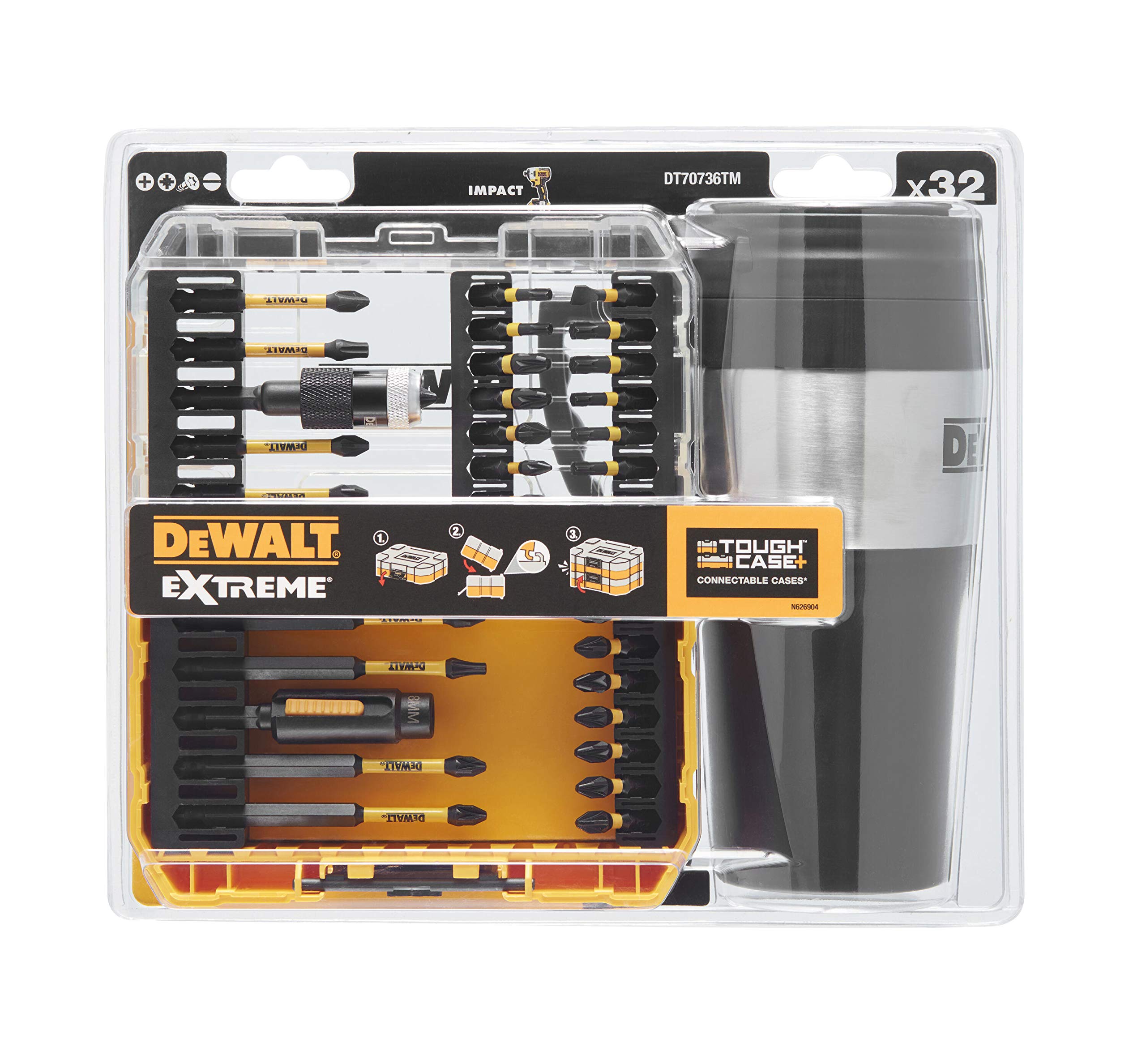 DeWalt DT70736TM-QZ - Toughcase: Juego de puntas de 32 piezas para taladro y tornillo FLEXTORQ y Termo Taza