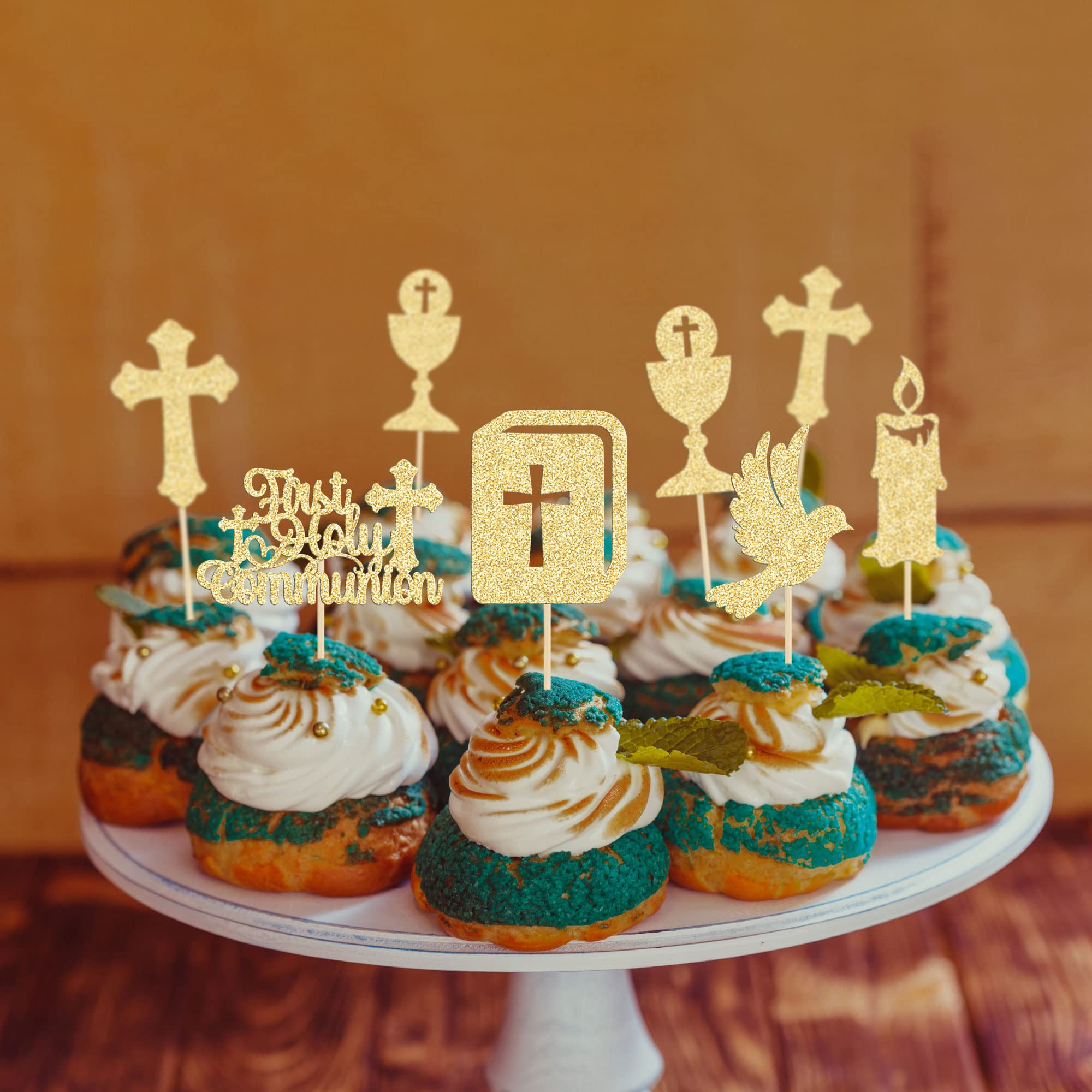 Gyufise 24 decorazioni per cupcake per prima comunione con glitter a forma di torta, croce di Dio benedica, per cupcake cristiani, battesimo del bambino, forniture per feste di compleanno, oro
