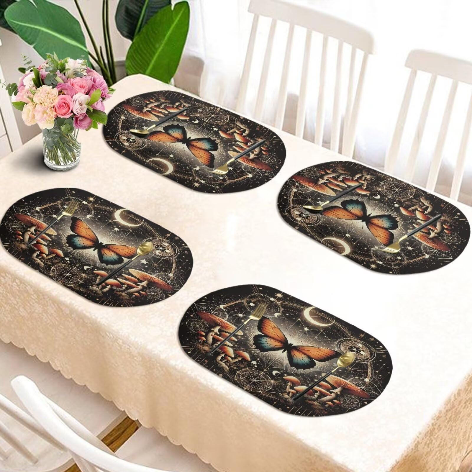 Poceacles Set di 6 tovagliette in finta pelle, resistenti al calore, antimacchia, antigraffio, ovali, 46 x 31 cm, per cucina, tavolo da pranzo, decorazione, farfalla, fungo, luna, stella