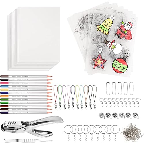 NOVWANG 198 Pieces Heat Shrink Plastic Sheet Kit Include 28 Pcs Shrinky Paper, Hole Punch, Keychains Accessories and Pencils for Creative Art Craft