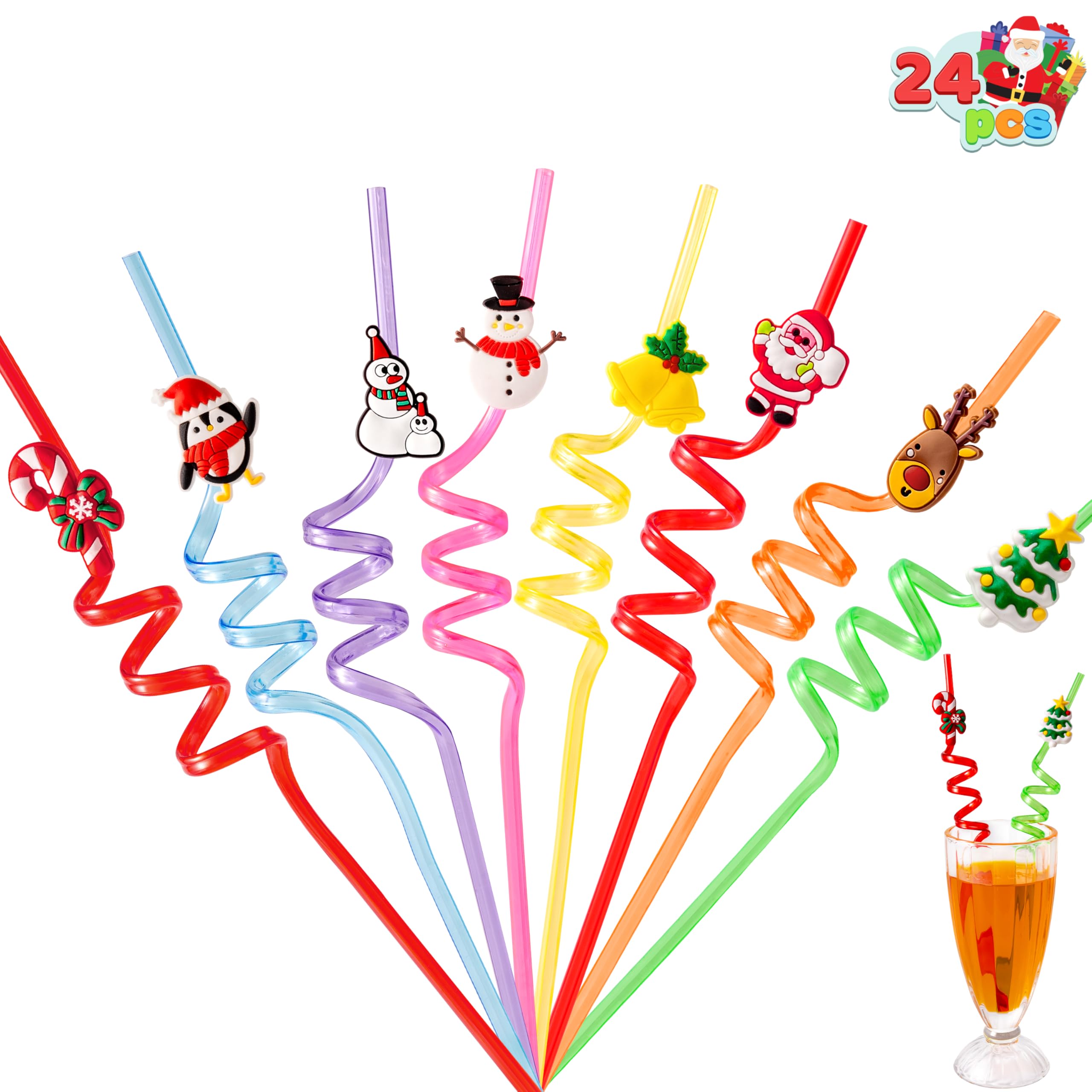 JOYIN 24 Stück Kunststoff-Trinkhalme in 8 Farben, wiederverwendbare Trinkhalme für Weihnachtsgeschenke, kinderfreundliches Zubehör, Weihnachtsfeier-Dekorationen, Goodie-Tütenfüller für Kinder.
