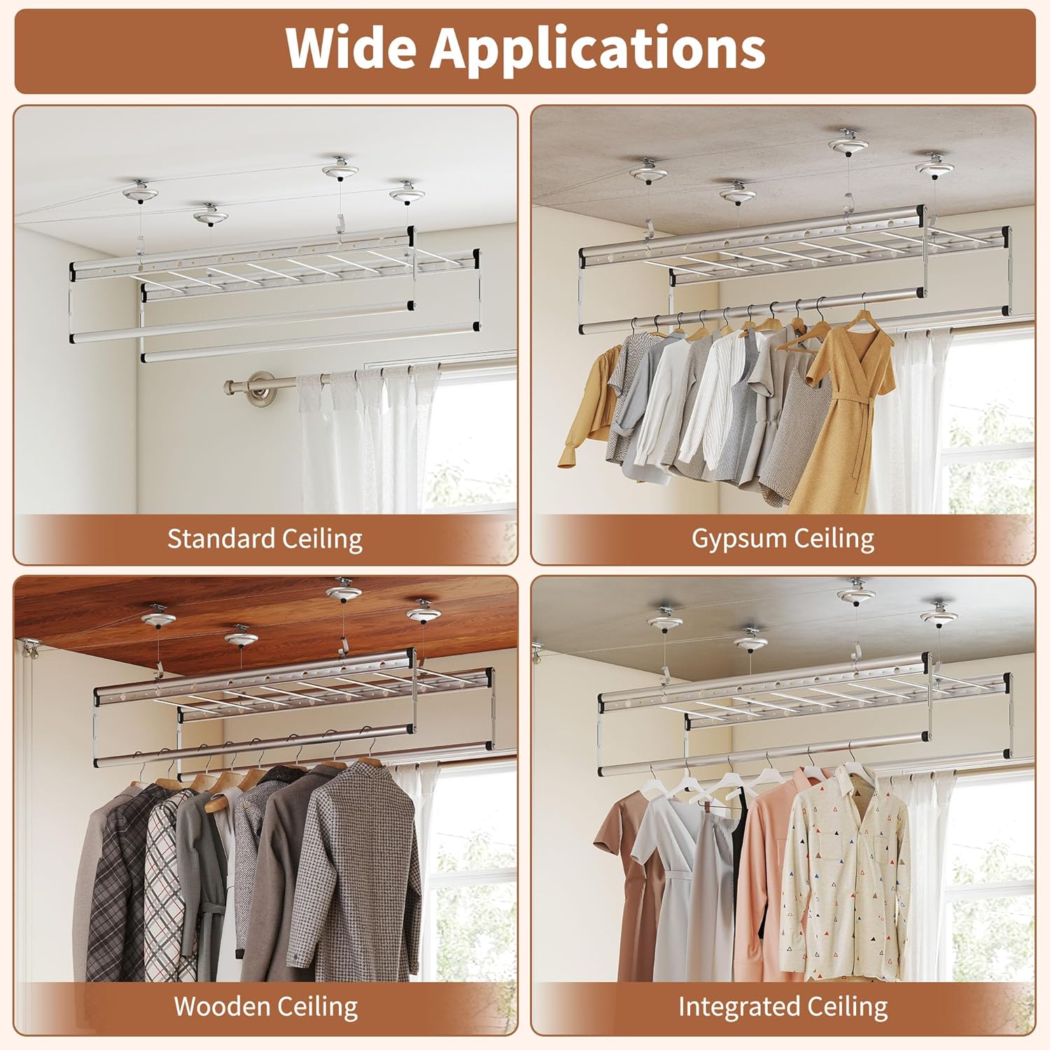 lesolar Ceiling Mounted Clothes Drying Rack, Height Adjustable Clothes Airer Pulley Drying Rack, Vertical Folding Laundry Drying Rod