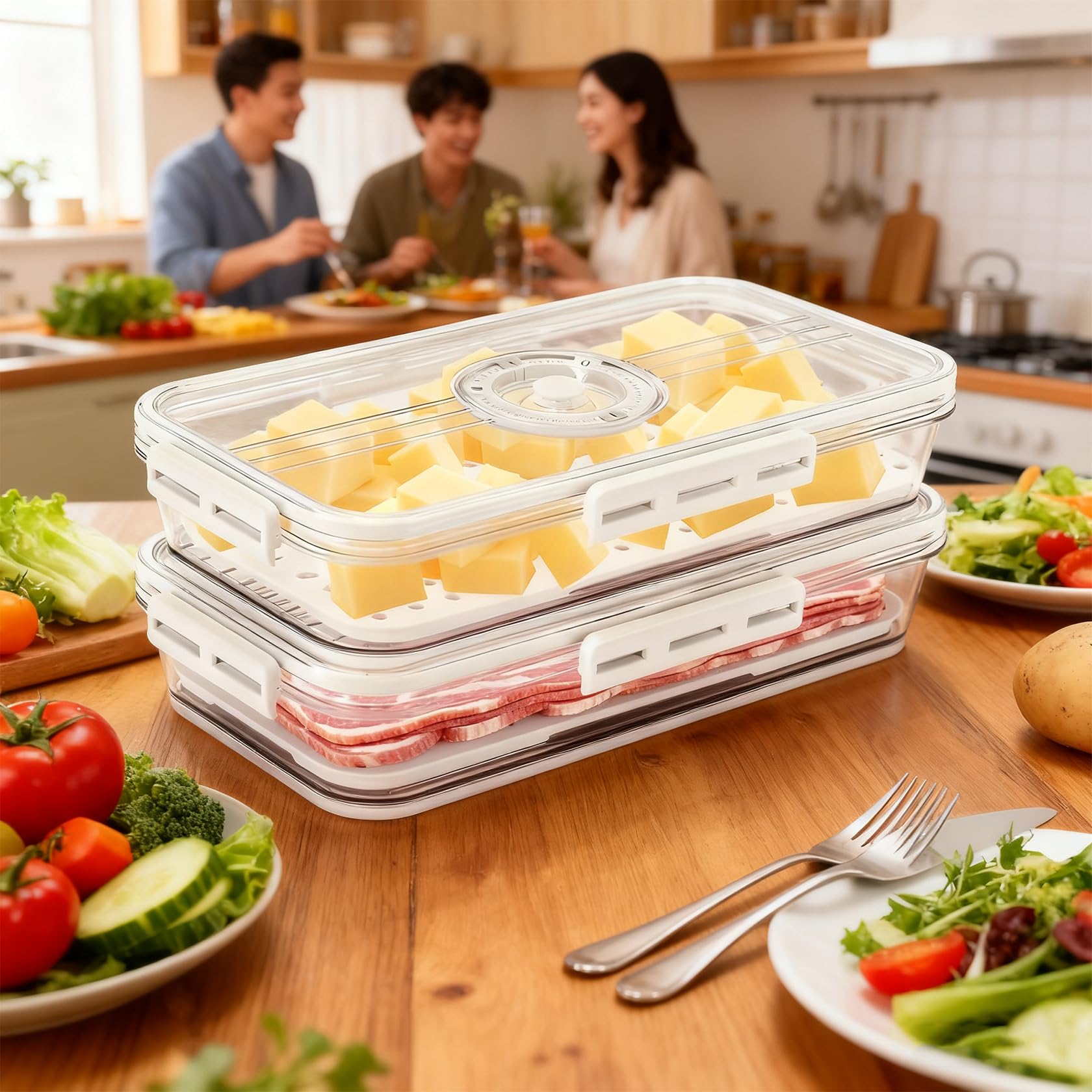 Käsedose und Wurst Aufbewahrung Kühlschrank 2er Set – Aufschnittbox mit Abtropfeinsatz und Timer, Luftdicht, Stapelbar & Transparent, Ideal als Aufschnittboxen für Kühlschrank für Käse und Wurst Küche, Haushalt & Wohnen