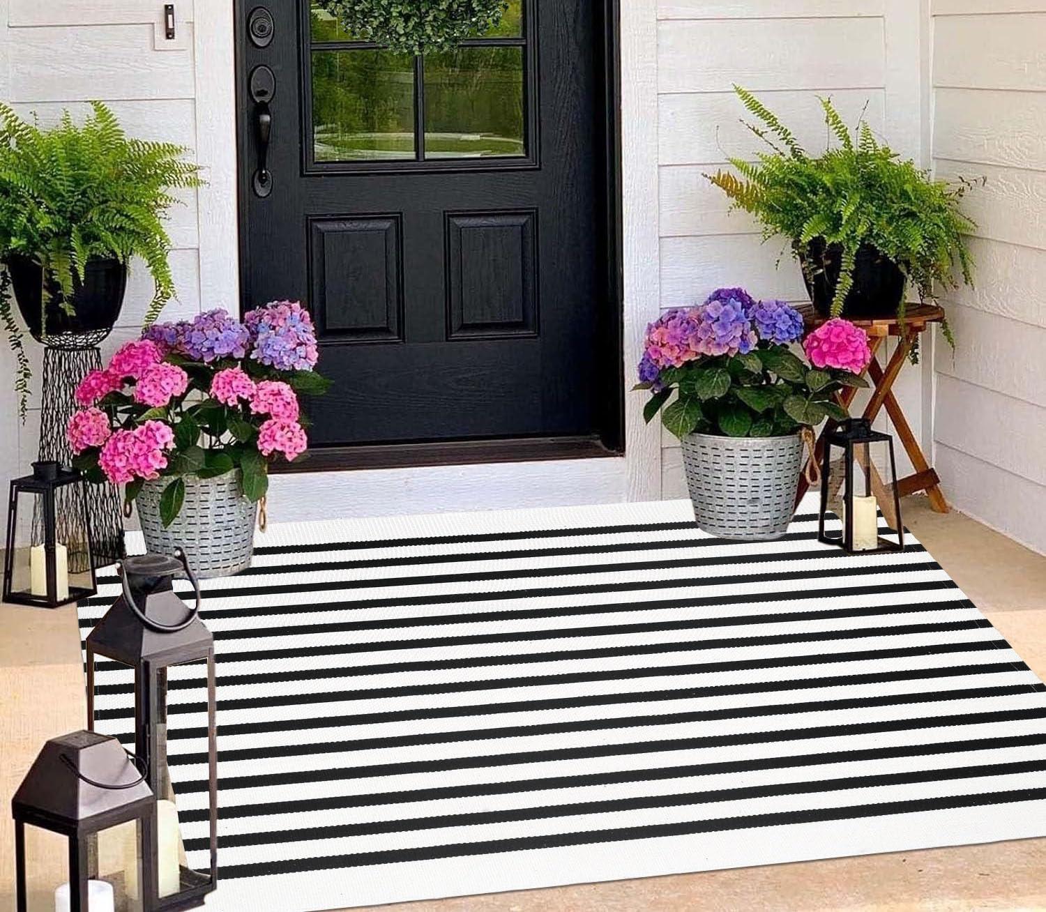 BUAGETUP 3'x5' Striped Outdoor Rug Hand-Woven Cotton Washable Rug Black and White Outdoor Rug Front Porch Rug Indoor/Outdoor Area Rug Floor Mat for