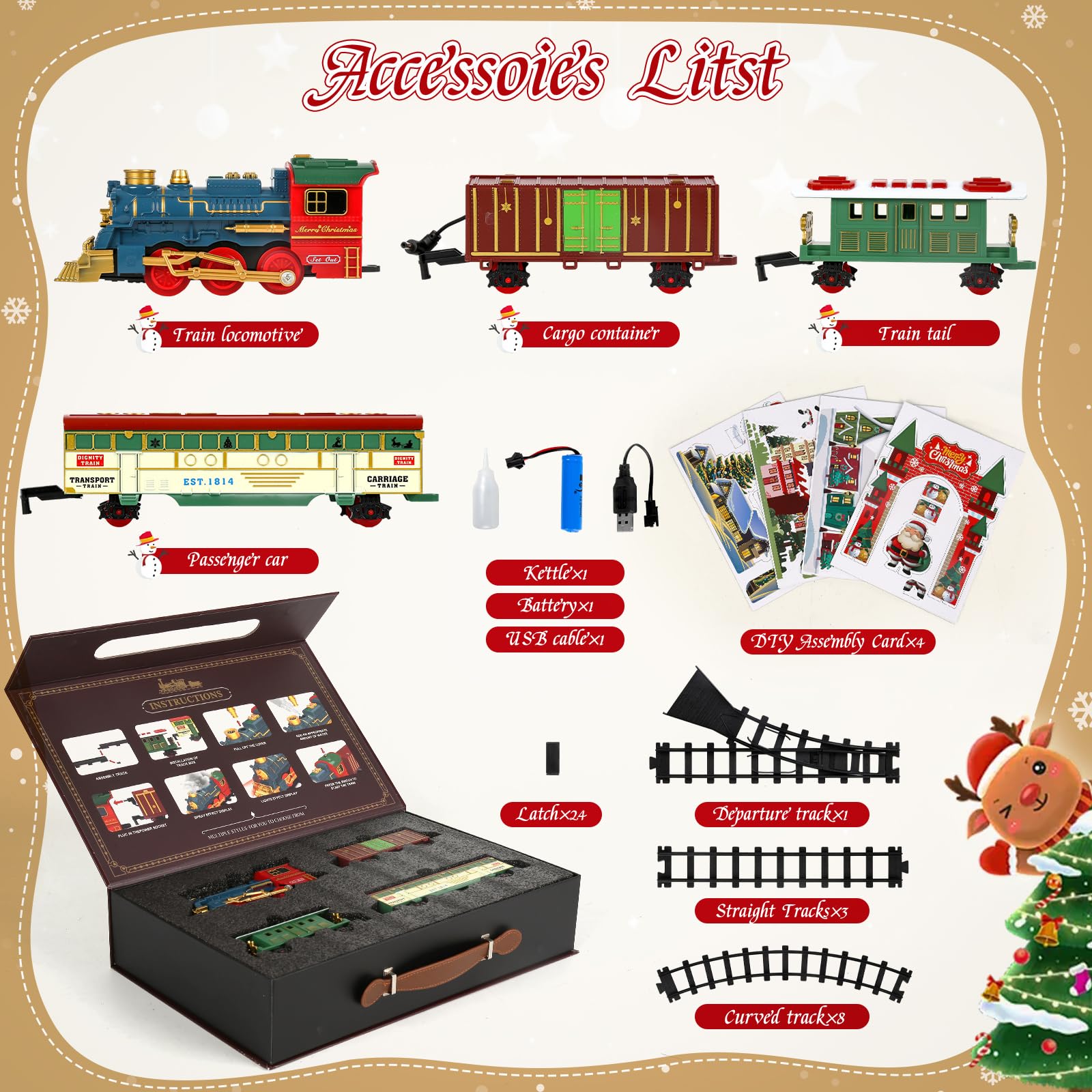 Tren de Navidad eléctrico retro con luces, sonido y vapor, batería recargable USB, locomotora y vagones, con vías y escena decorativa, juguete navideño para niños desde 3 años, ideal debajo del árbol.