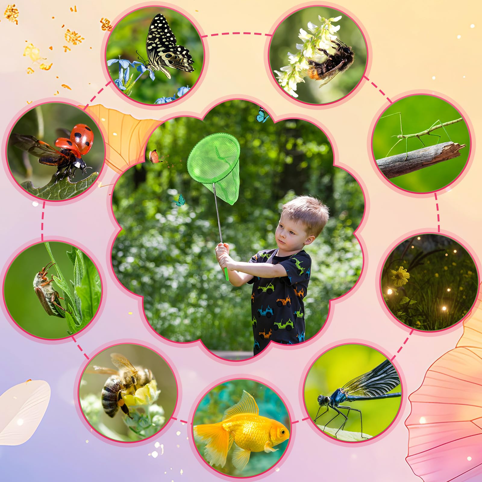 Sosation 60 Stück Teleskop-Schmetterlings-Fischernetze für Kinder, bunte Käfer-Fangnetze, Outdoor-Werkzeuge zum Fangen von Schmetterlingen, Insekten, Käfern, Fischen, Marienkäfern, ausziehbar von 38,1