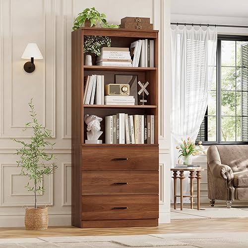 FOTOSOK Gabinete de almacenamiento de 71 pulgadas de alto, estantería con 3 cajones y estantes abiertos de 3 niveles, organizador de almacenamiento