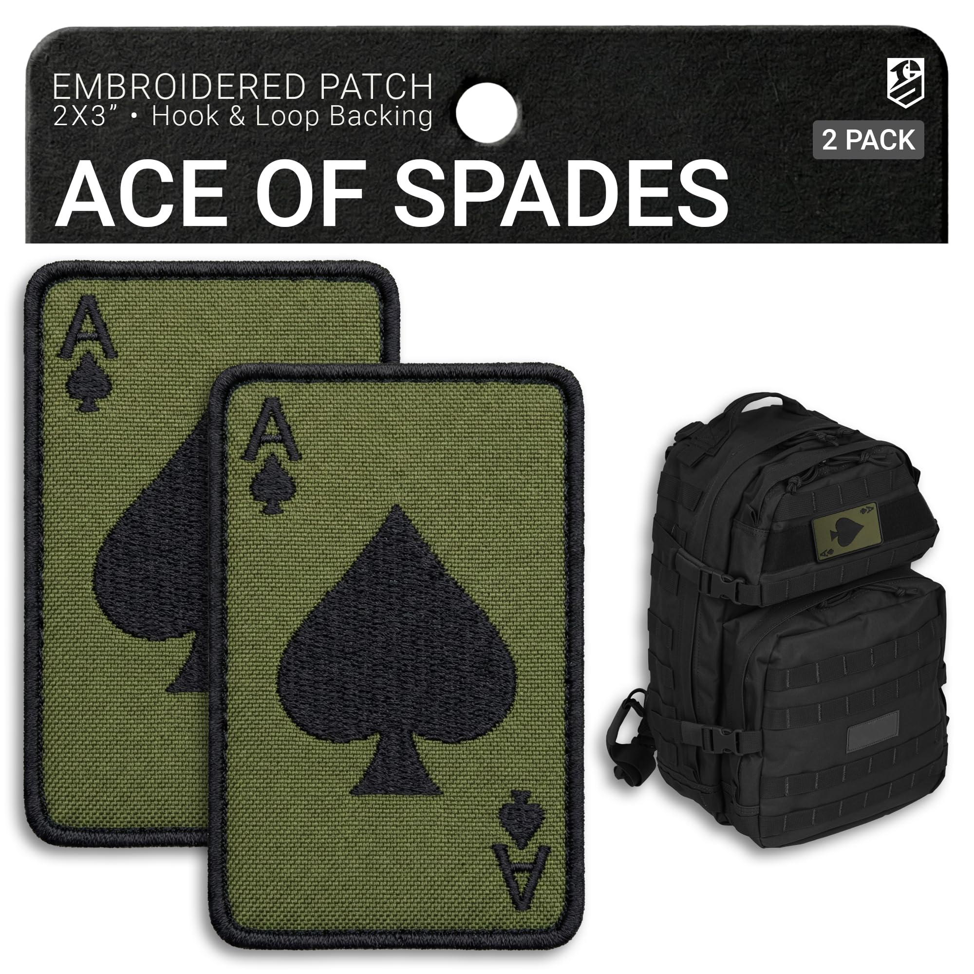 2-Pack Ace of Spades Patch Death Card Premium Embroidery Secure Attachment Hook & Loop Tactical Patches for Backpacks Jackets Tactical Vest Military Helmet Dog Vest Harness Morale Patches