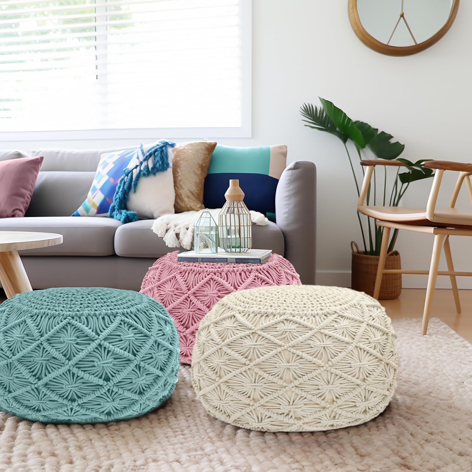 COTTON CRAFT Macrame Braided Pouf - Knitted Cotton Cord Comfortable Round Dori Pouf - Prefilled Ottoman Footrest Bean Bag - Stuffed Boho Moroccan Accent Seating - Nursery Bedroom Dorm - 20x14 - Ivory