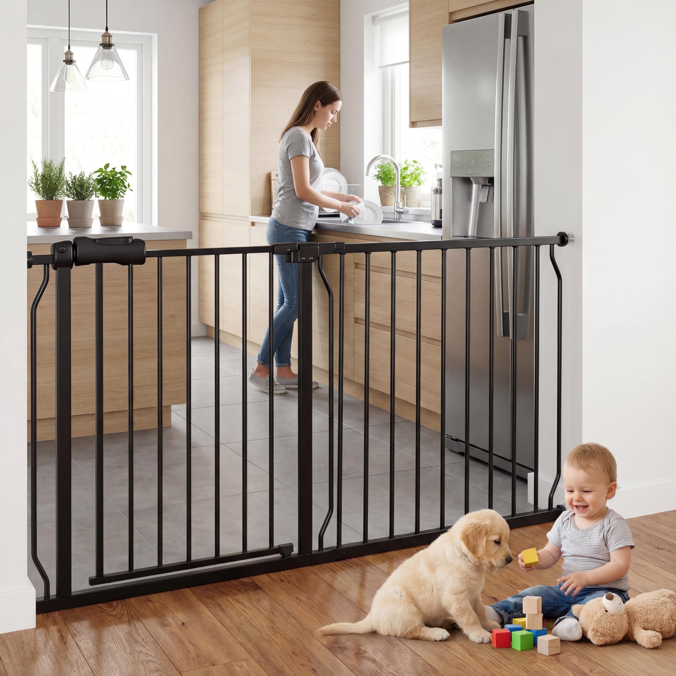 HOOEN 30" Tall Extra Wide Baby Gate for Stairs Doorways 57.5 to 62 Inch Large Long Dog Gates Tension Baby Gate Walk Through Child Gates for Kids or