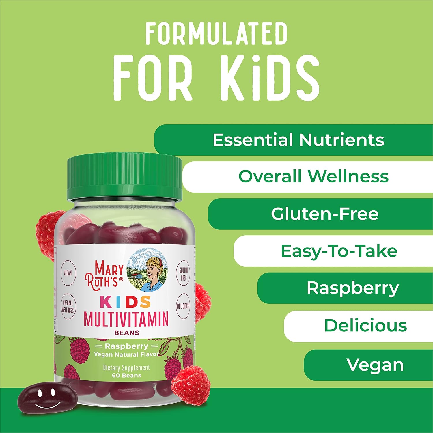 MaryRuth's Multivitamin Multimineral Vita-Beans for Kids | Vegan Chewable Vitamins for Ages 4+ | Immune Support, Bone Health | Raspberry Flavor | 60 Count