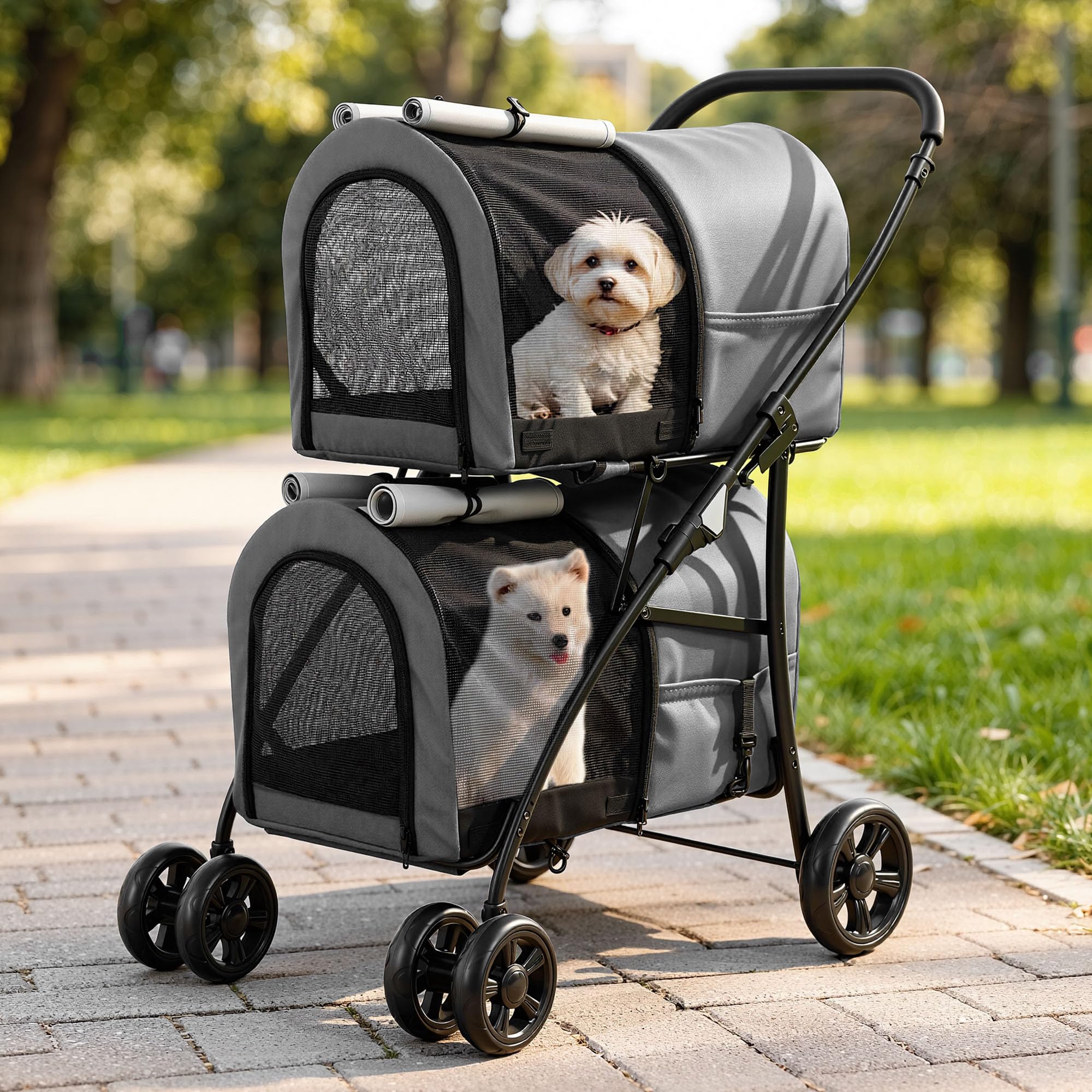 YITAHOME Passeggino per cani a doppio piano per animali domestici, portata fino a 30 kg, pieghevole, con finestra a rete, per due cani e gatti, grigio