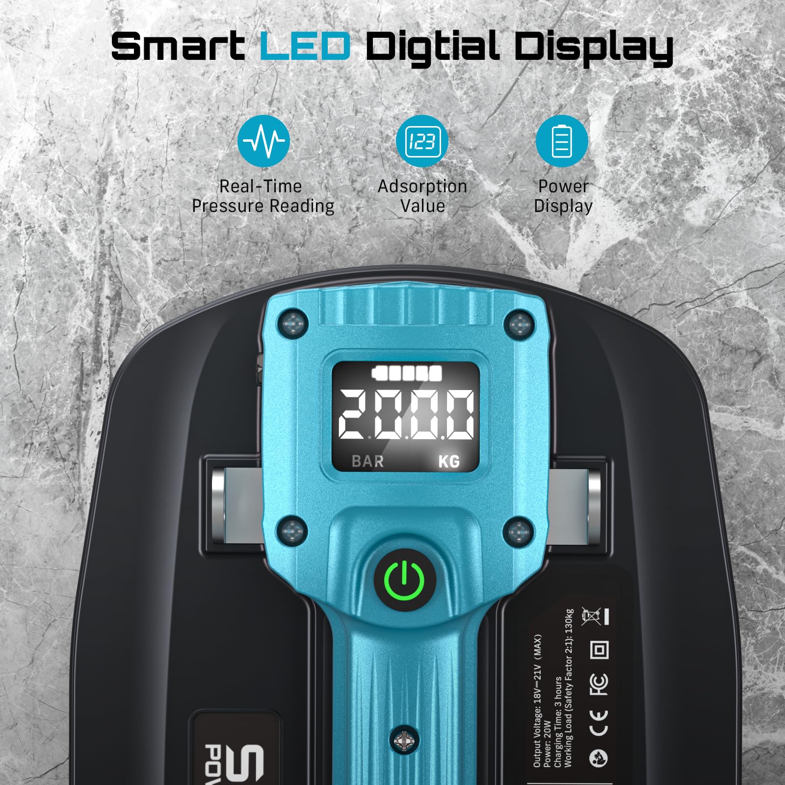 SEESII Saugheber Akku for Fliesen/Terrassenplatten, 21V Glassauger mit 2x 2000mAh Akkus, LED-Display, 200KG Tragfähiger, 11.8-Zoll Vakuum Saugheber, Vakuumheber Kompatibel mit Makita 18V-Batterie