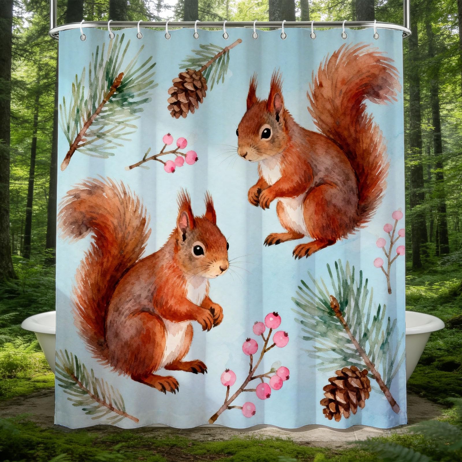 Hongduo 3D Squirrel Shower Curtain for Stalls Bathtubs Cartoon Bathroom Decor Shower Curtain Set Polyester Fabric Waterproof 180x180cm/71X71 Inch with Hooks