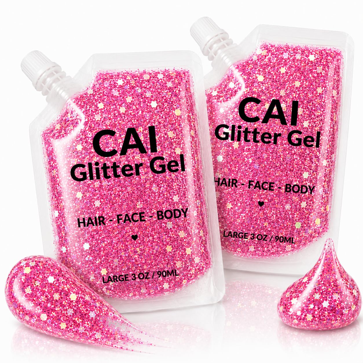 Body Glitter Gel- Face, Body & Hair (2 Pk Pink/Pink) Chunky Iridescent Holograph Stars & Moon, 6 oz | Cosmetic-Grade Makeup, Apply Without Glue, Easy to Take Off & Keep Skin Clean at Raves