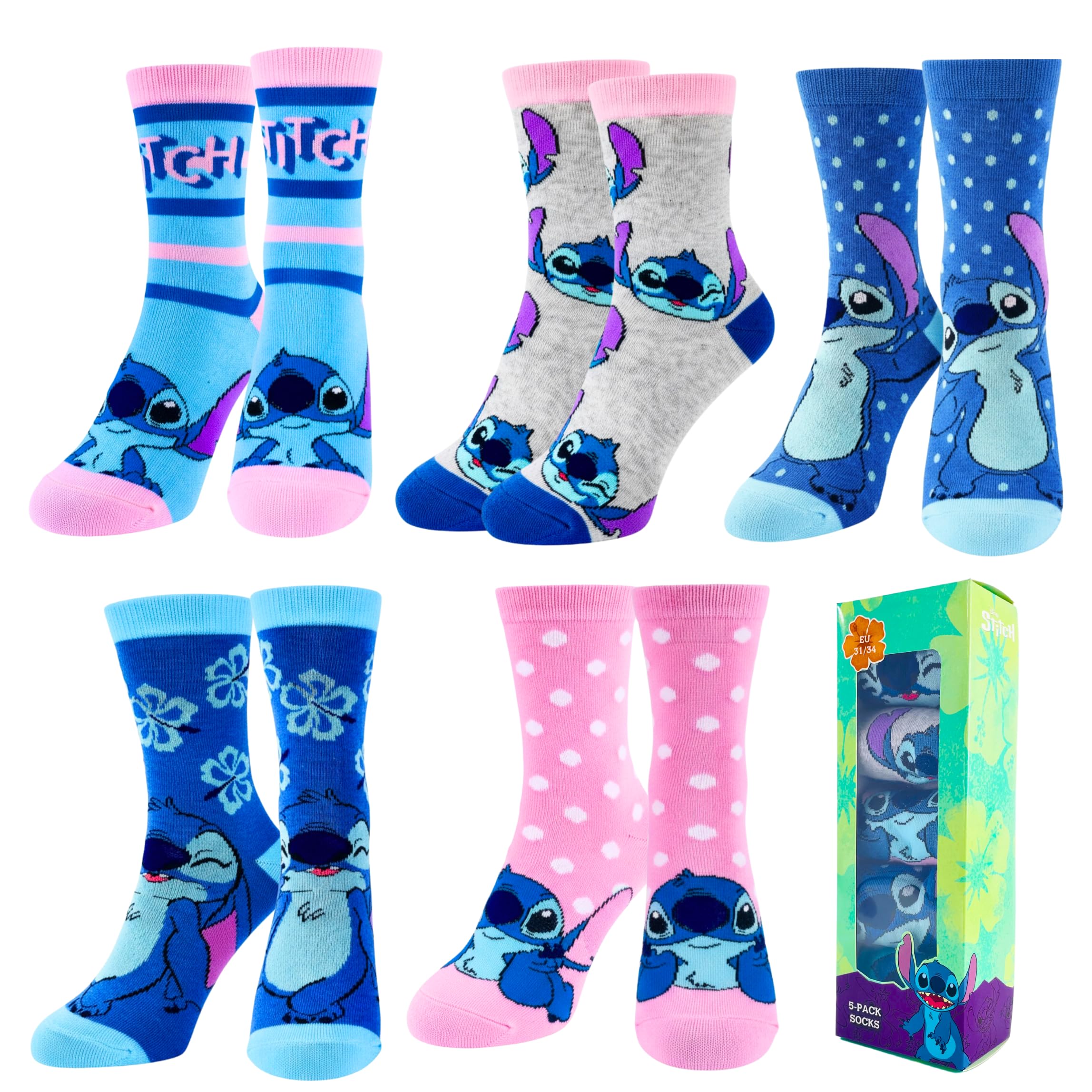 Disney Girls Multicoloured Stitch Socks For Set Of 5 Classic Teen Socks Stitch Design, Sizes Eu 27 To 38 (Uk, Numeric, 2.5, 5, Regular, Multicolor)