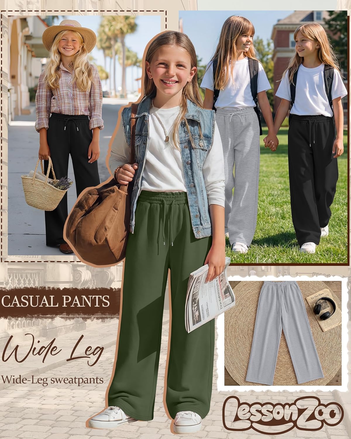 3 Pack Girls' Sweatpants Straight Wide Leg Kids Drawstring Casual Joggers Teen Loose Athletic Pants with Pockets