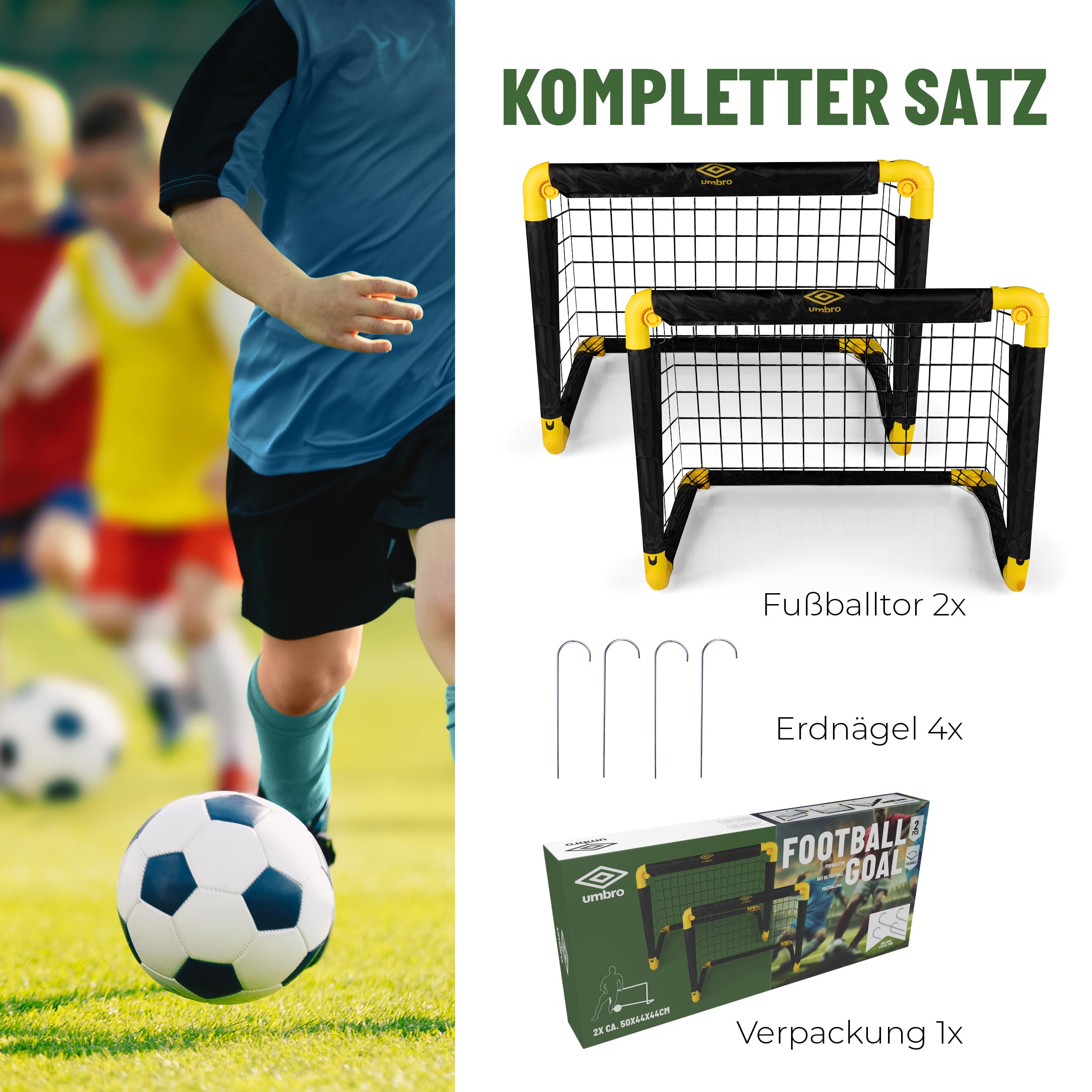 Umbro Fußballtor 50 x 44 x 44 cm - Fußballtore Set von 2 - Faltbares Fussballtor - Fussballtore für Garten Kinder - Fussball Trainingszubehör für Innen und Außen - Kunststoff - Schwarz/Gelb | Faltbar, Für Garten Kinder, Trainingszubehör für Innen und Auße