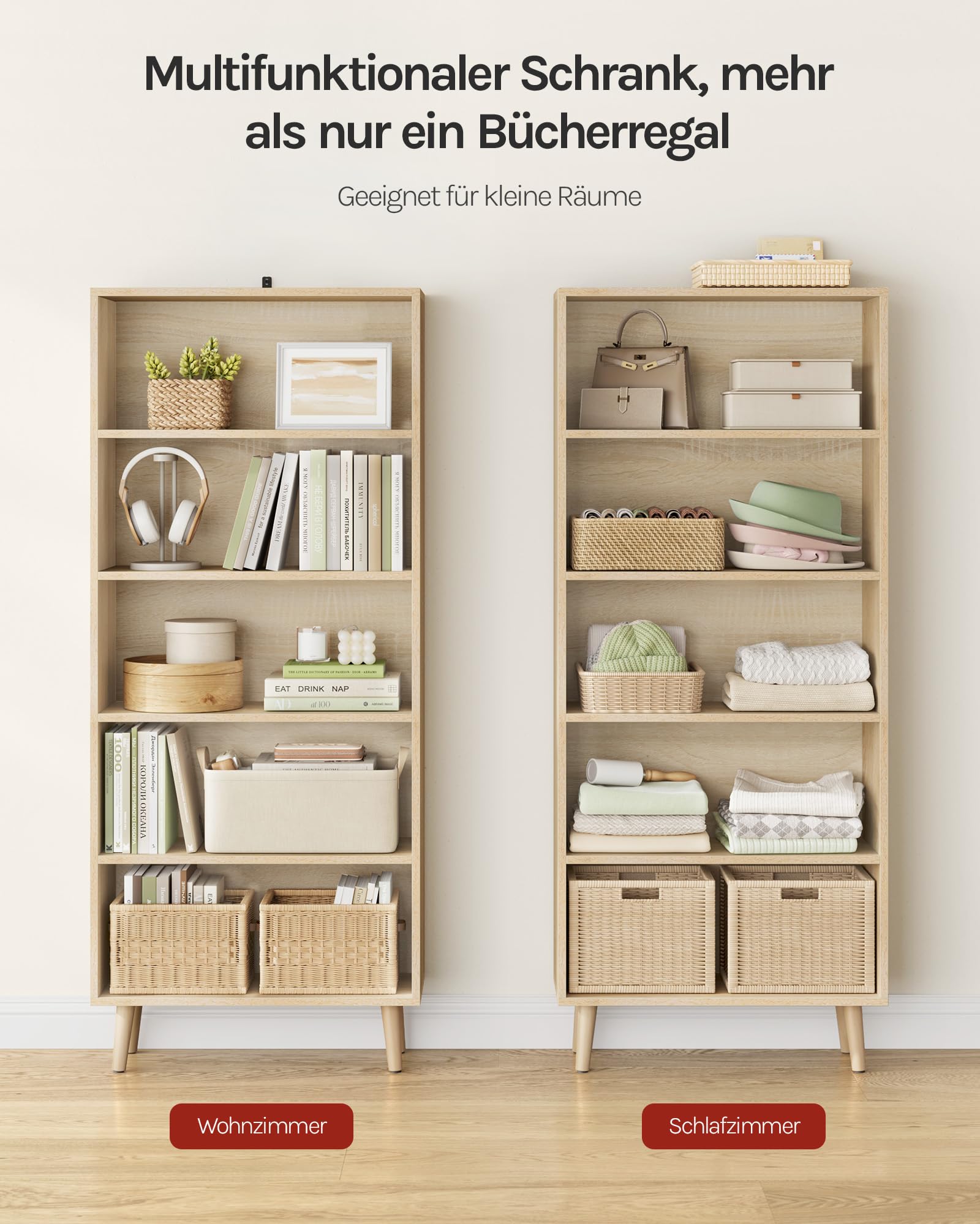 WOLTU Bücherregal Bücherschrank mit 5 Fächern, Standregal Aufbewahrungsregal Büroregal Aktenregal, offenes freistehendes Regal, für Wohnzimmer Küche Büro, helle Eiche, 60x144x24 cm, SK022hei