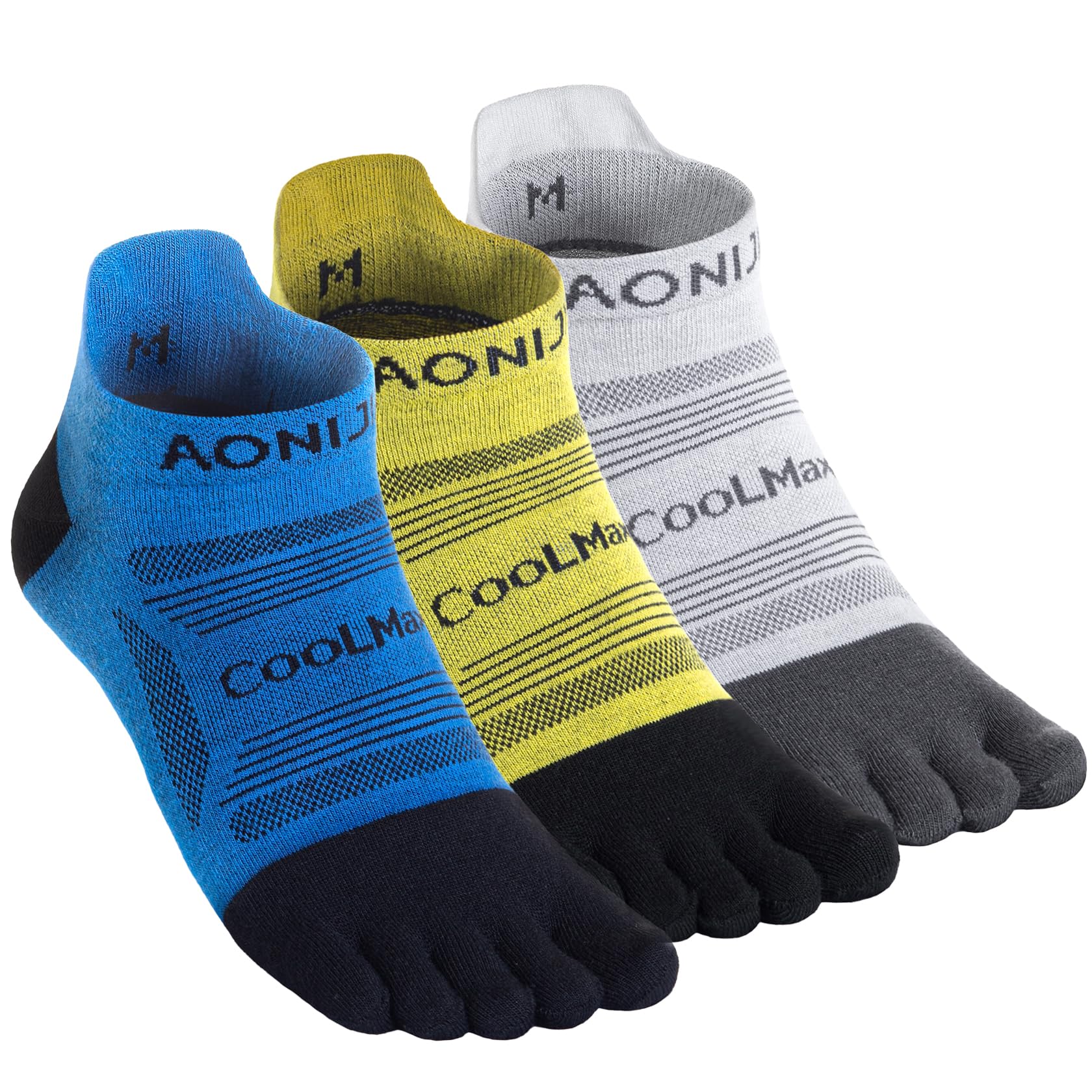 AONIJIE Chaussettes à orteils pour homme et femme haute performance athlétique course à pied 5 doigts, E4839# 3 paires/bleu, jaune, gris clair, Medium