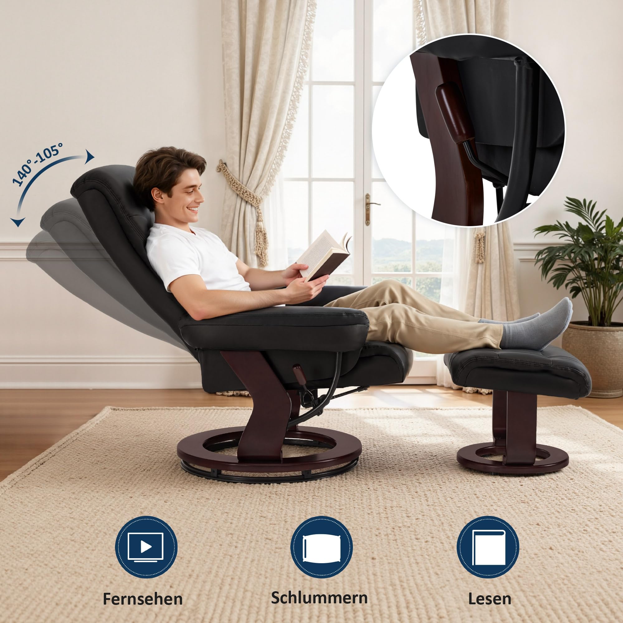 M MCombo Relaxsessel mit Liegefunktion, Lesesessel, 360° Drehbarer Fernsehsessel mit Hocker, mit Kissen & Seitentasche, bis 120 Kg Belastbarer TV-Sessel für Wohnzimmer, 9035 (Schwarz-Kunstleder)