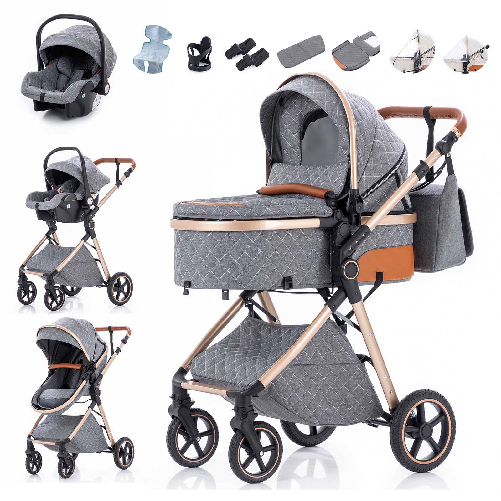 Zkiprm 3-in-1 Kinderwagen Reisesystem mit Autositz | Faltbarer Kinderwagenset | Höhenverstellbarer Griff | inkl. Regenschutz, Fußsack, kühlende Einlage, Getränkehalter & mehr | für 0 bis 3