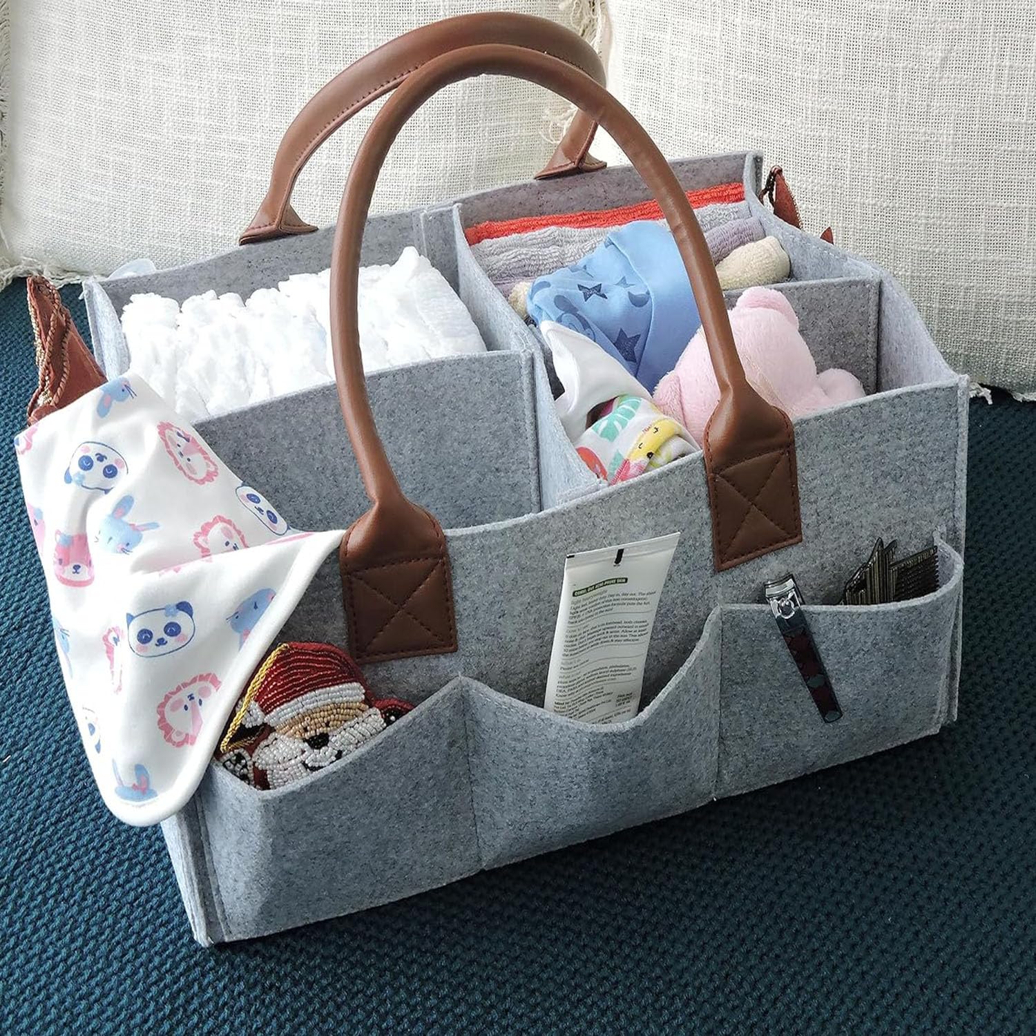 Organizer Pannolini Portatile In Feltro - Borsa Multiscomparto Rimovibile Per Salviette E Accessori Bebè - Foto 6