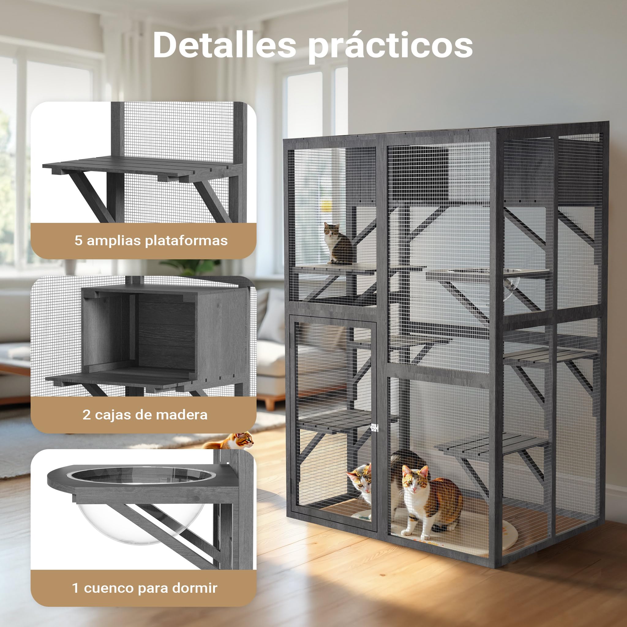 Wiltec Recinto de Exterior para Gatos 116 x 82 x 175,7 cm en Madera de Abeto, Malla de Acero galvanizado, Techo de PVC. Puerta Amplia, 5 Niveles para más Actividad Felina