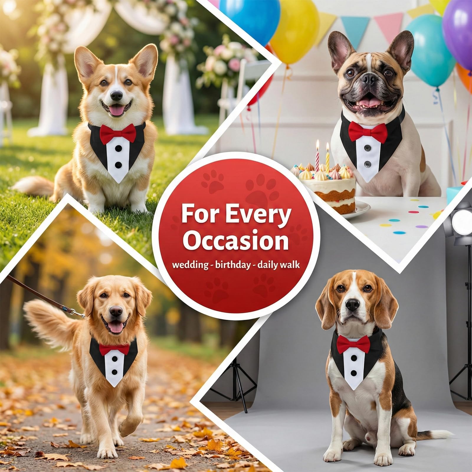 Bandana da Smoking per Cani Collare Bandana da Matrimonio Formale per Cani, Triangolare per Bandana, per Medio, Grande per Matrimoni, Feste, Compleanno, M, rosso