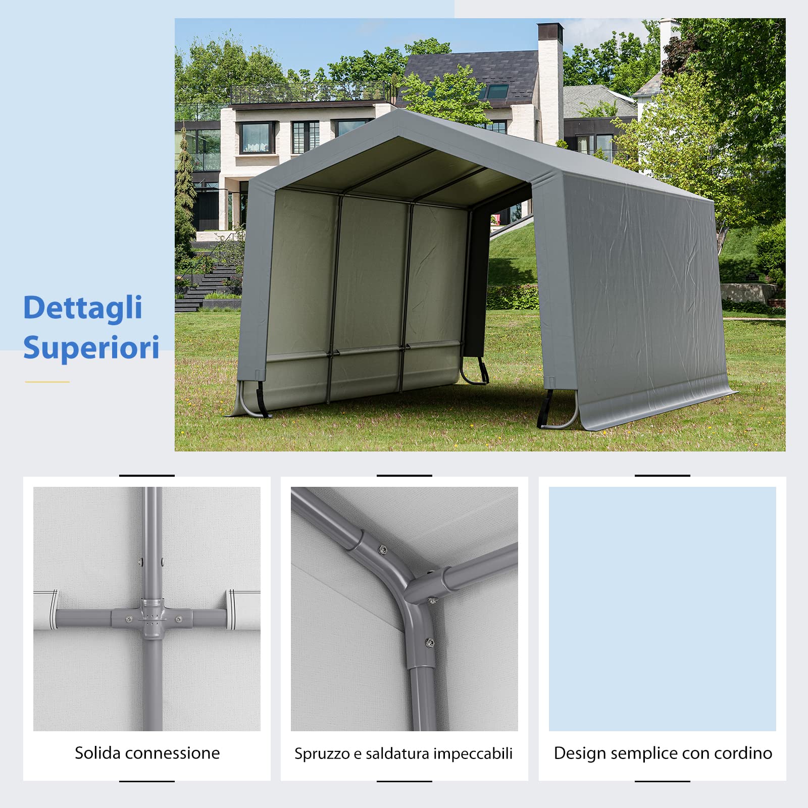 COSTWAY Tendone Garage 2,9 x 4,9 m Telaio in Acciaio Zincato Travi Triangolari Rinforzate Grigio