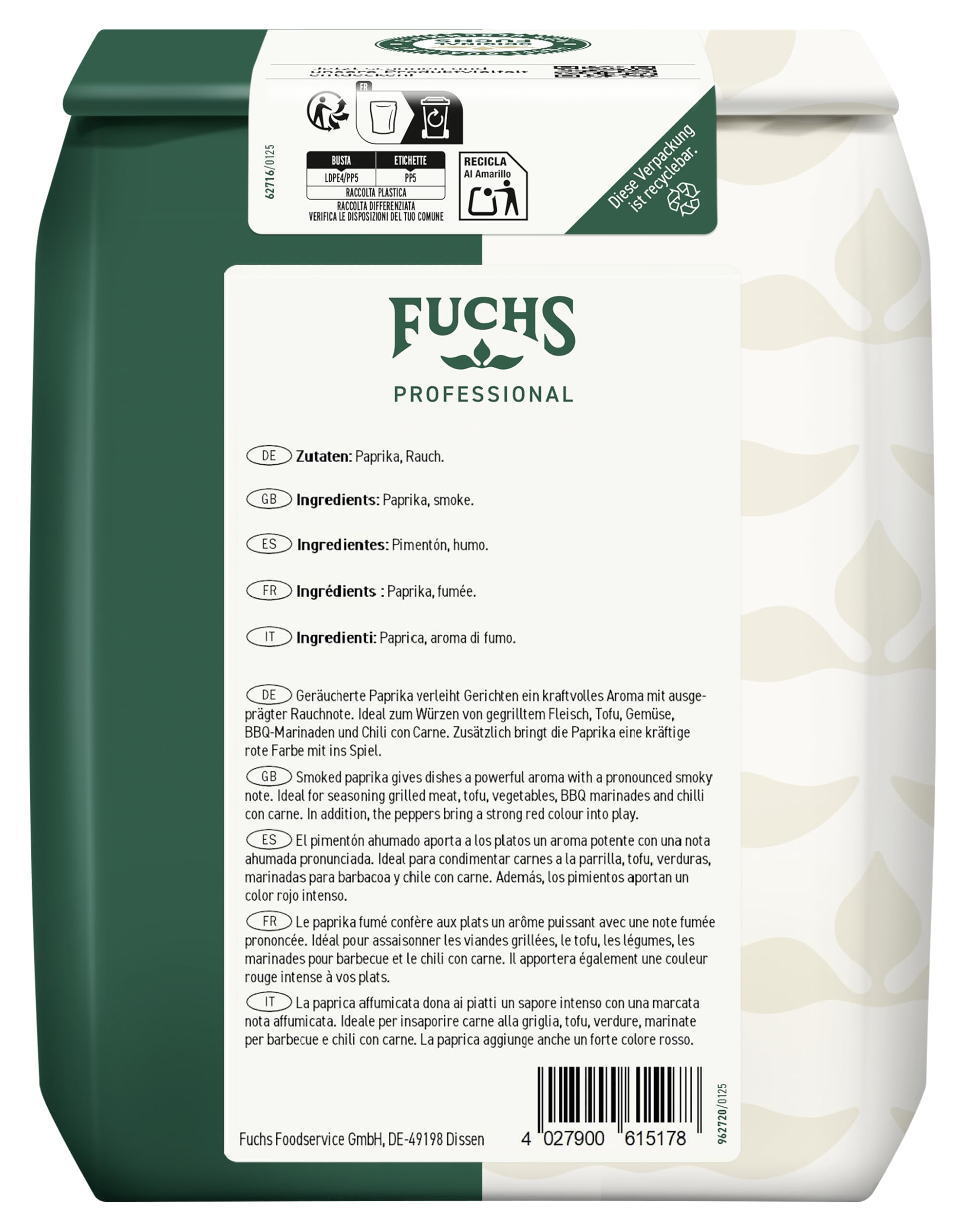 Fuchs Professional - Paprika geräuchert | Gewürz mit Rauchnote für Dips, Marinaden und Gulasch | Profi-Qualität für Großverbraucher und Gastronomie | 850 g im recyclebaren Beutel