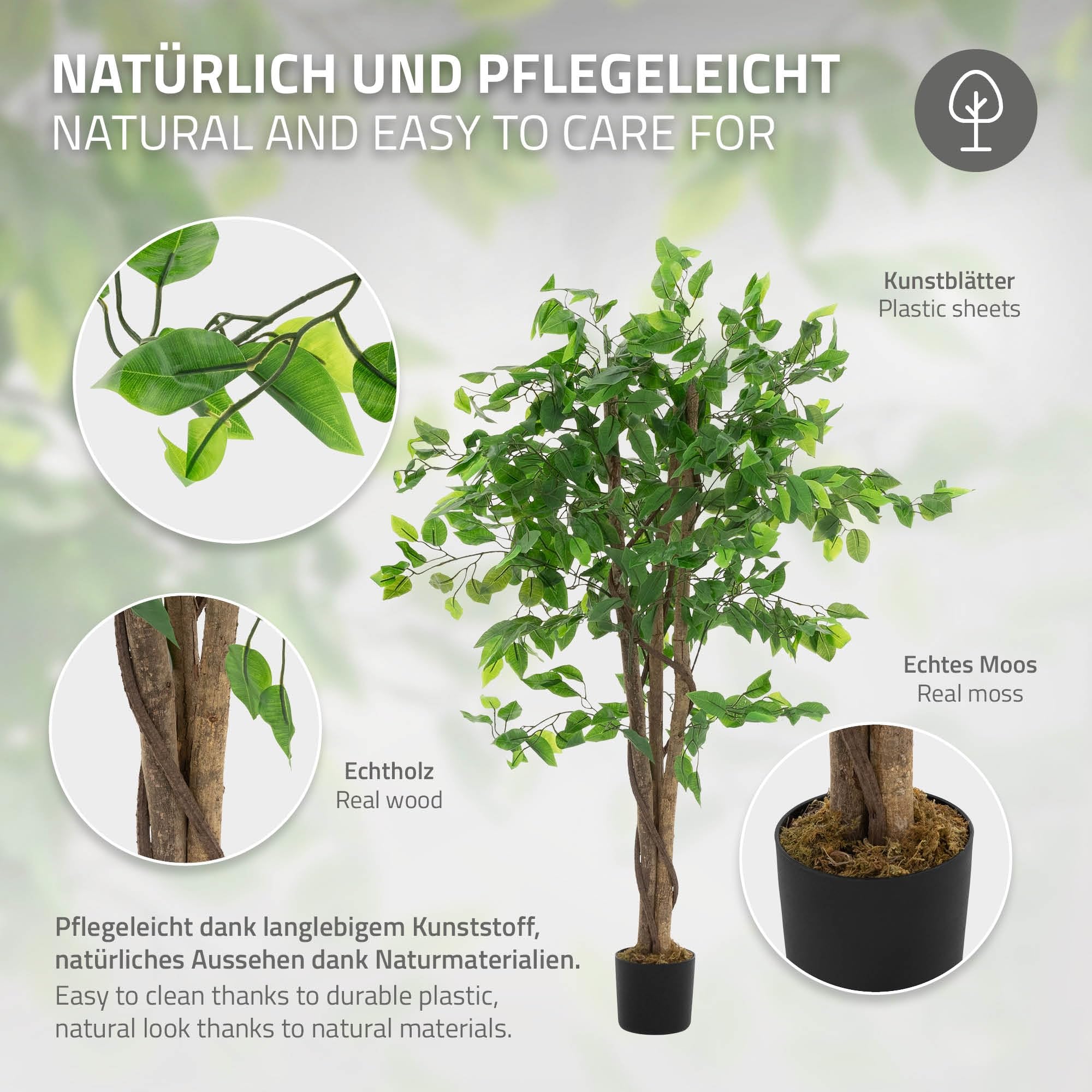ML Design - Pianta artificiale Ficus, 120 cm, piante artificiali grandi come vere, finte da interno con tronco in legno naturale, per interni ed esterni, facile da pulire, per soggiorno e ufficio