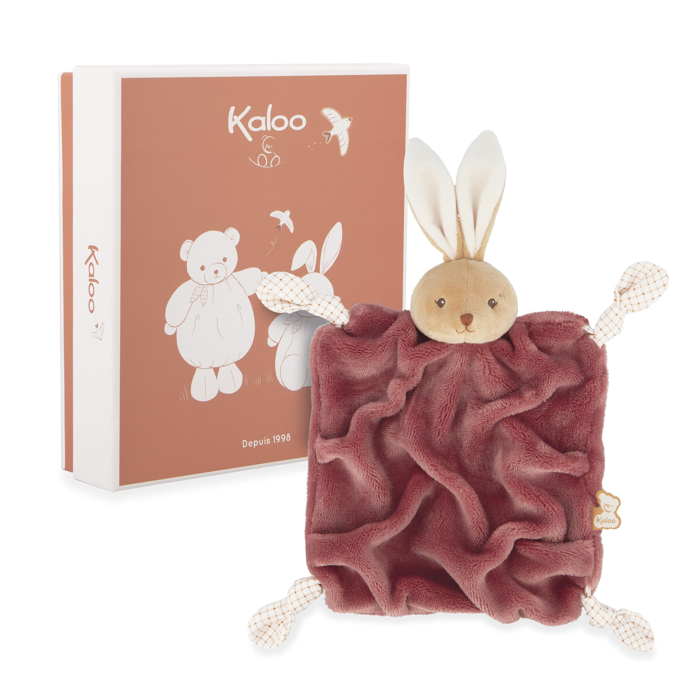 Kaloo - Pluche konijn Bordeaux 24 cm - Zachte platte babyknuffel - Extra zacht flanellen bont - Strikken met fopspeenclip - Knuffelige en educatieve metgezel vanaf de geboorte