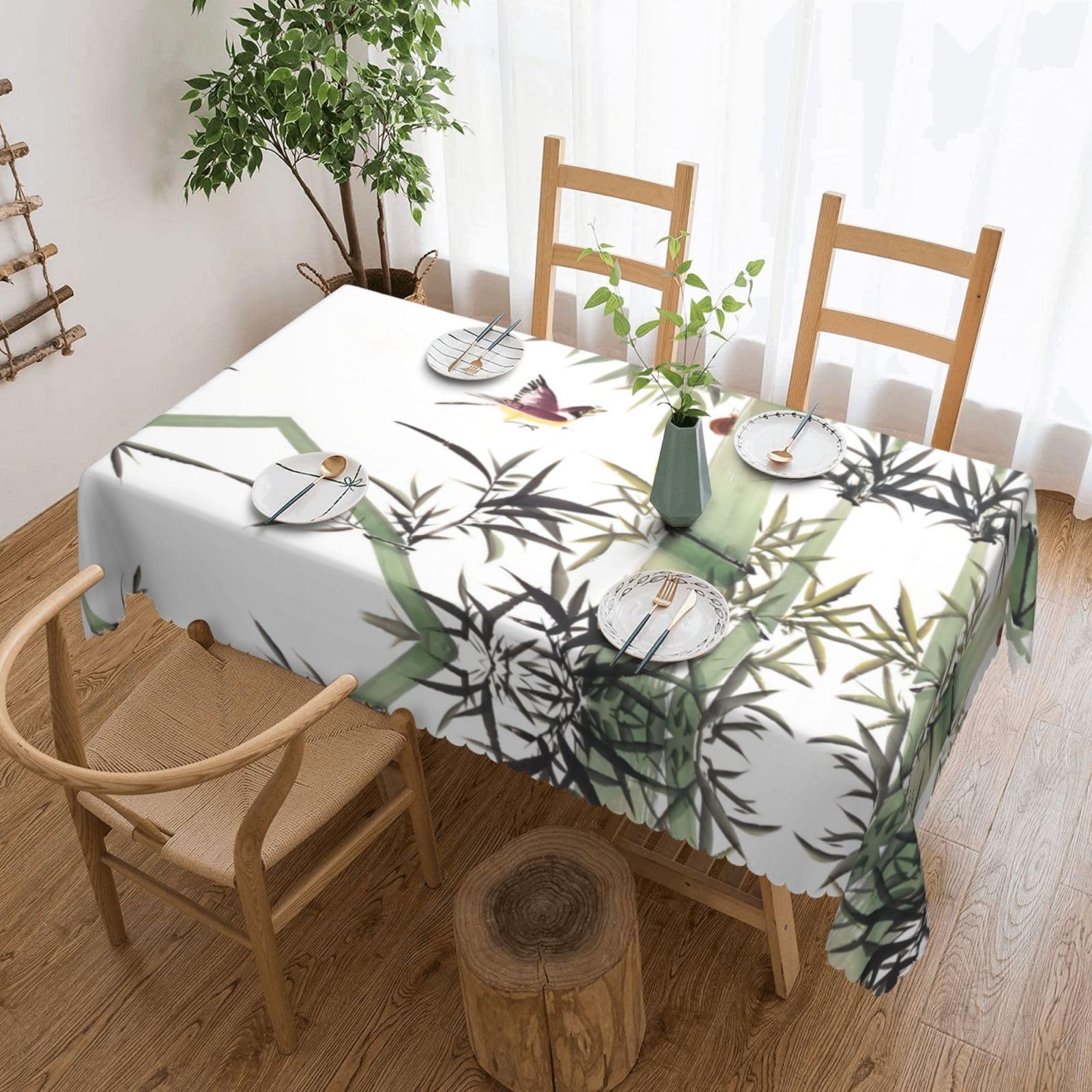 HLSBSSL Bamboo Bird Pattern Patterned square lace tablecloth, wrinkle-resistant and durable, suitable for dining tables, parties, etc.