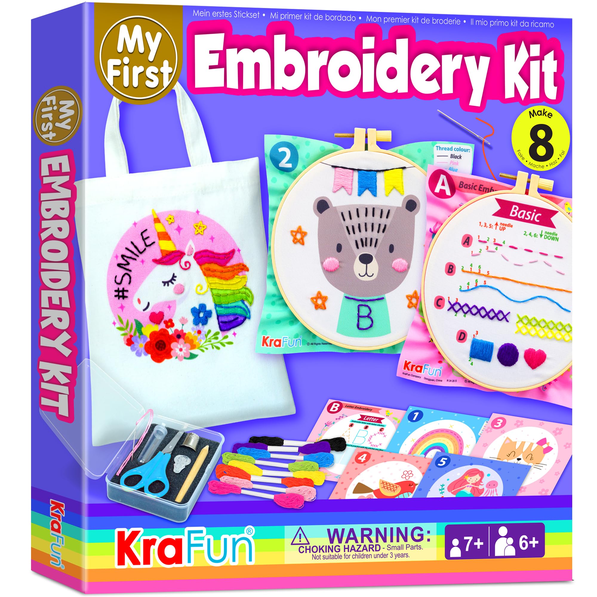 KRAFUN - Kit Broderie Débutant - 7 Motifs - Cerceau 20cm - Aiguilles, Fils, Ciseaux - Dès 8 Ans - Cadeau Créatif