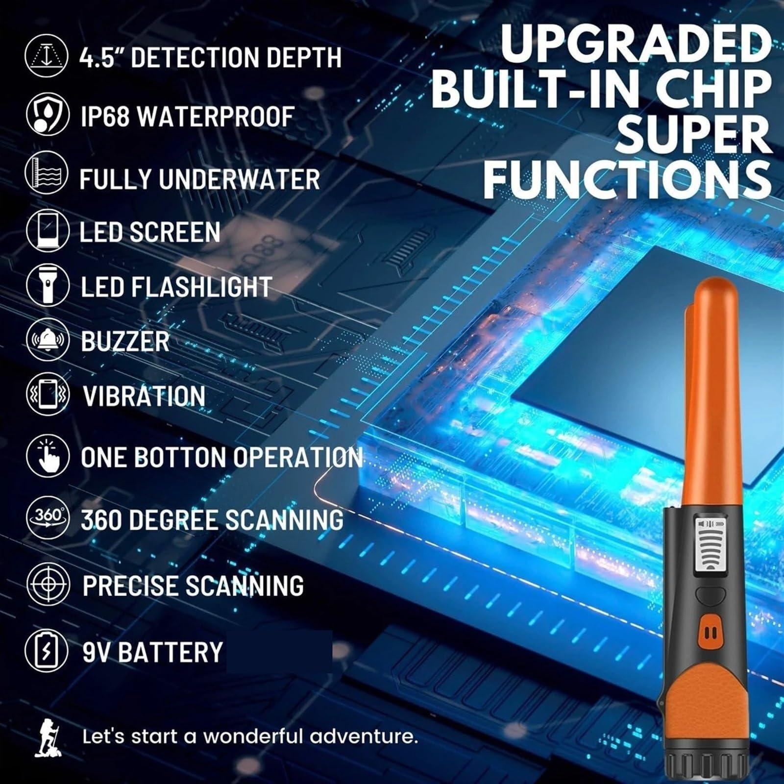 Detector de Metales Mano, Oro Alta sensibilidad, Resistente al Agua, Puntero, localizador Tesoros, sonda con Pantalla LCD para la detección de Oro(Rot)