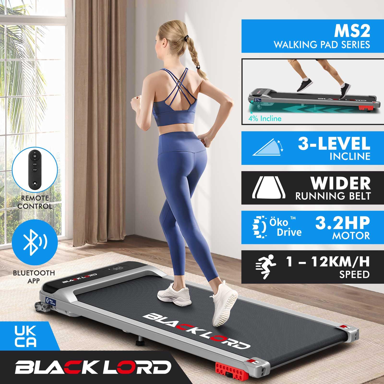BLACK LORD Walking Pad 3.2HP, tapis roulant per casa, tapis roulant sotto scrivania con display a LED, altoparlante Bluetooth e controllo wireless, macchina da corsa con inclinazione a 2 livelli, 1-10