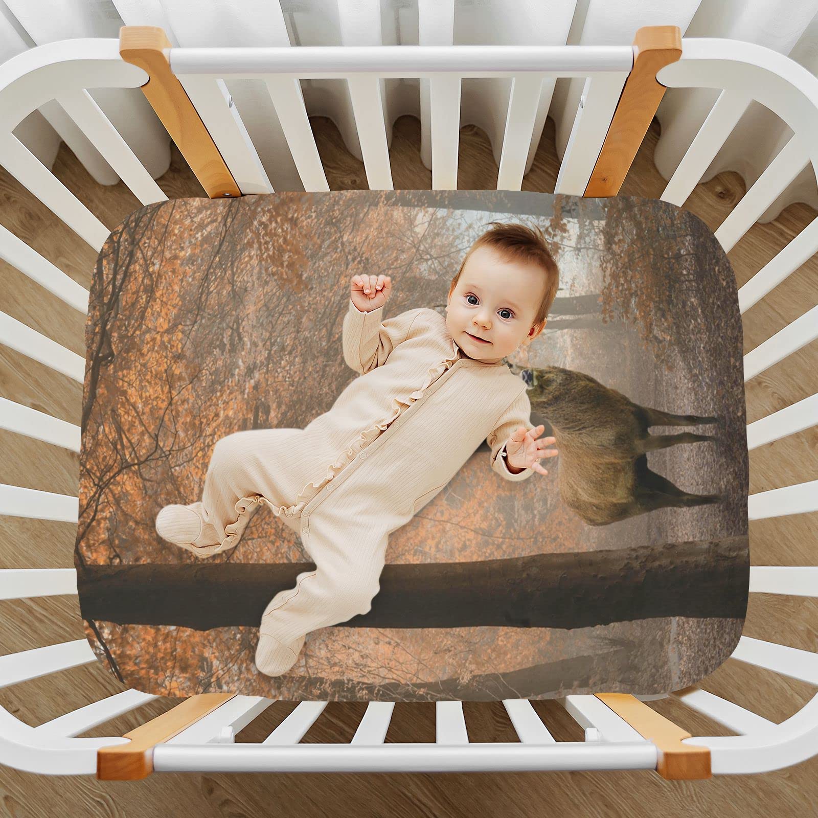 Spannbettlaken für Kinderbett, Waldbaum, Hirsch, weich, atmungsaktiv, pflegeleicht, Spannbetttuch für Babybett und Kinderbetten