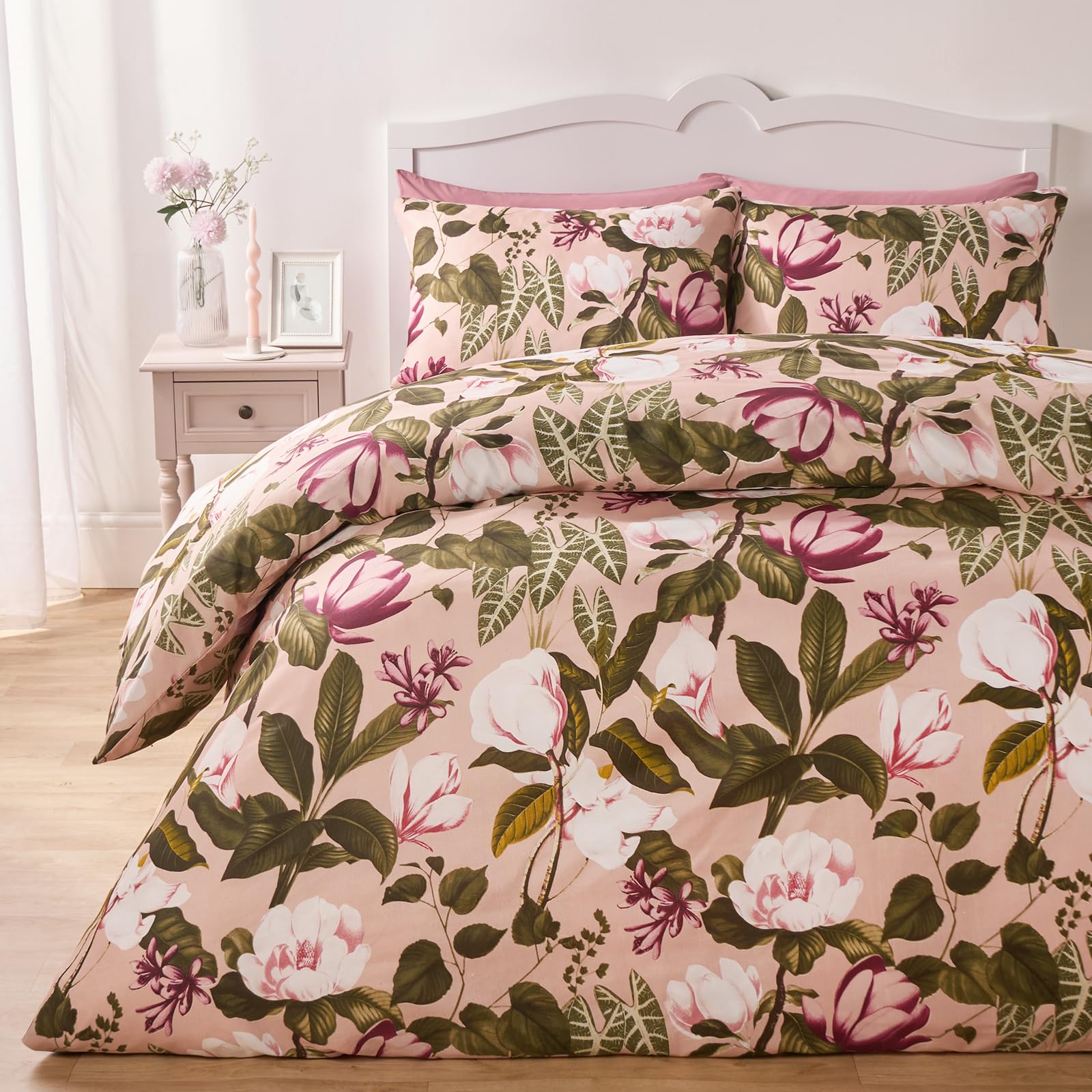 Ohs Women's Blush King Size Duvet Cover Sets Floral Bedding, Gifts For Super Soft Cosy Warm Floral Botanics Bedding Sets King Size Reversible Stylish Quilt Cover With Pillowcases,