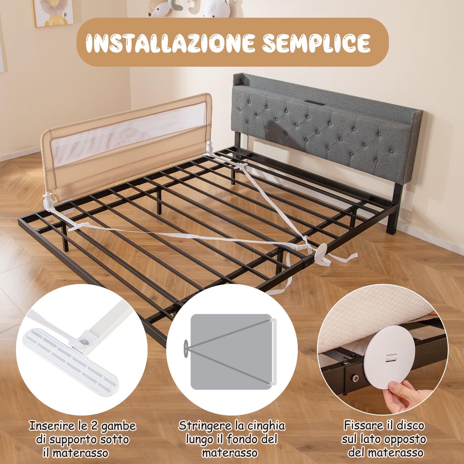 RELAX4LIFE Sponda Letto per Bambini 180 cm/150 cm, Barriera di Sicurezza, Traspirante e Pieghevole, Sbarra Letto per Letti Singoli e Matrimoniali (Beige, 150 x 41 x 55 cm)