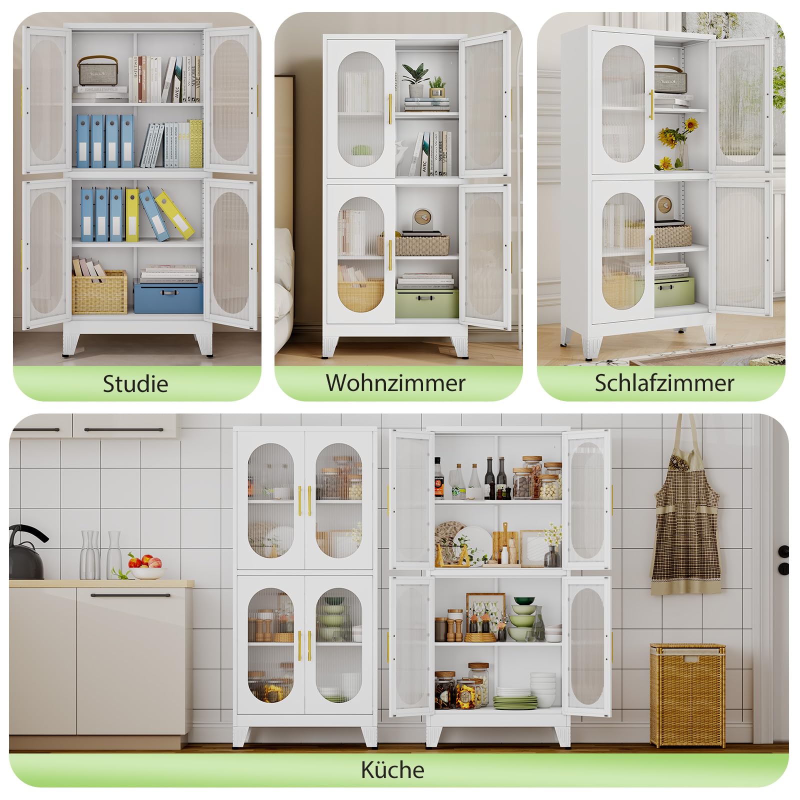 155㎝ H Metallküche Speisekammer Aufbewahrungsschrank, freistehender Schrank mit 4 Acrylglastüren und 2 verstellbaren Regalen, stehende Aufbewahrung für Küche, Bad, Garage oder Esszimmer (Weiß)